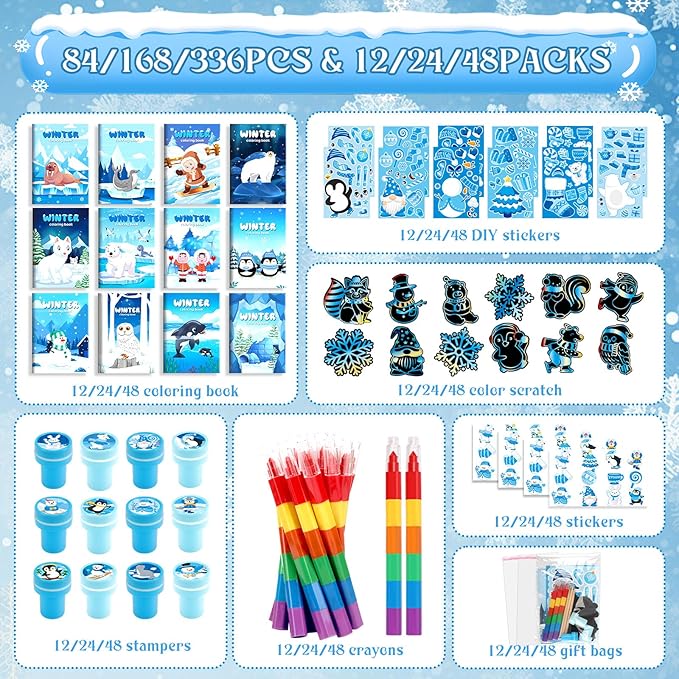 BenLouis Winter Party Favors Set Holiday Themed Coloring Book Classroom Gift Prizes Bulk for Students Kids Christmas Frozen Birthday Goodie Bag Stuffers Pinata Filler (48Set Snowflake)