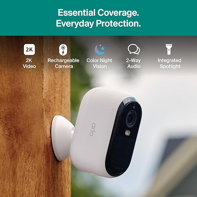 Arlo Essential Security Camera Wireless Outdoor 2K (3rd Gen, 2025 Release) - Battery Power, Person Recognition, Package Detection, Animated Preview, 1-Month Trial of Secure Plan, 3 Cam, White