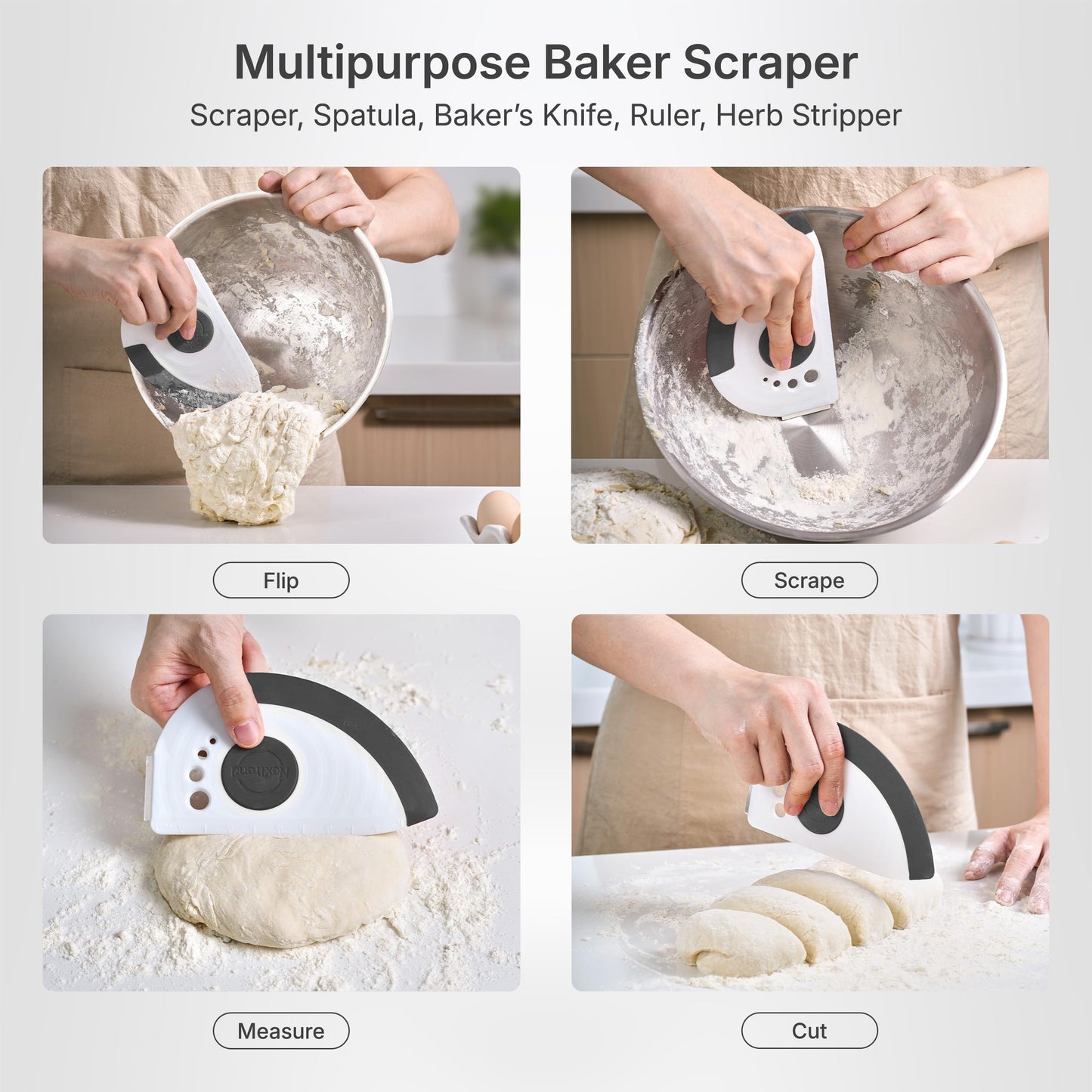 5-in-1 Dough Scraper & Flexible Bowl Scraper by Nextrend, Bread Scraper with Stainless Steel Edge, Ruler & Herb Stripper – BPA Free, Dishwasher Safe - Gray