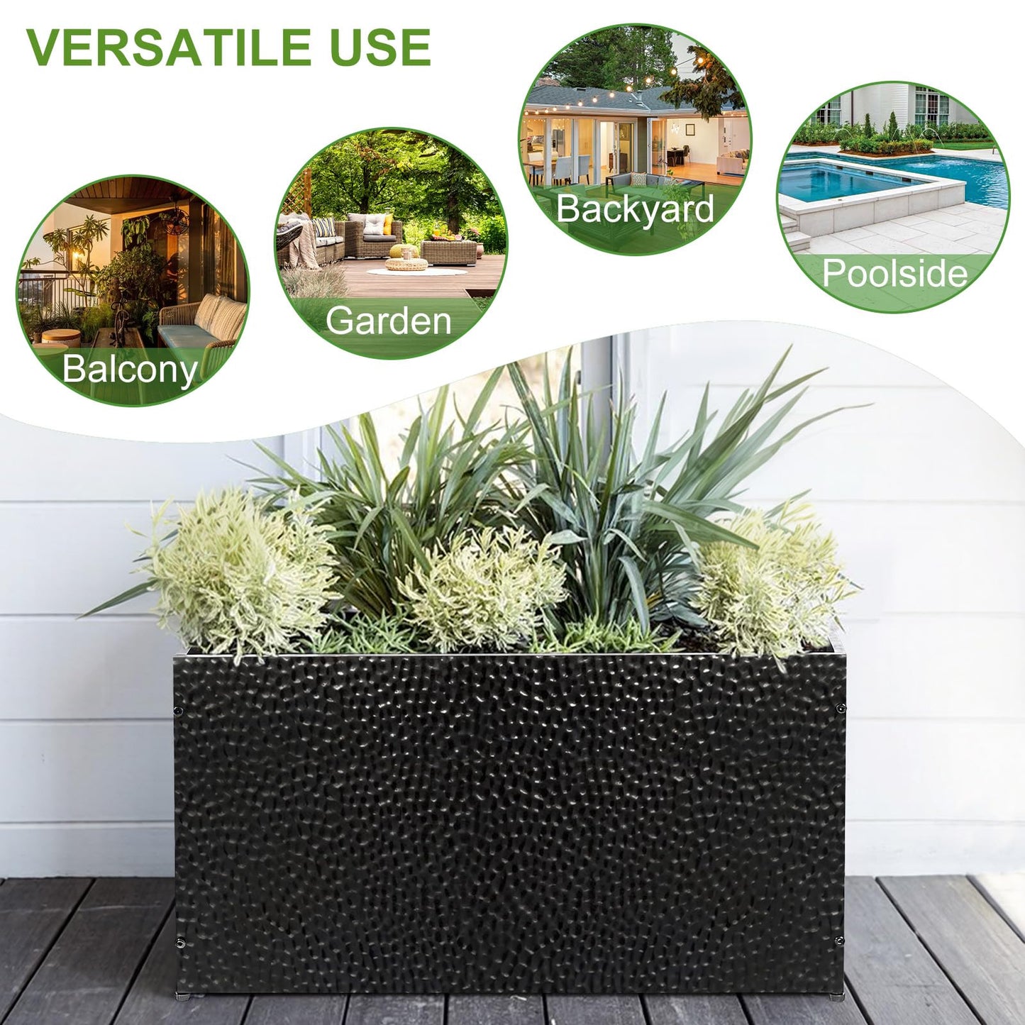 BAYN 30x12x16 Inch Rectangular Metal Planter Box – Black Hand-Hammered Metal Planter with Pre-Drill Holes, Heavy Duty Outdoor Garden Planter for Patio, Porch, Yard