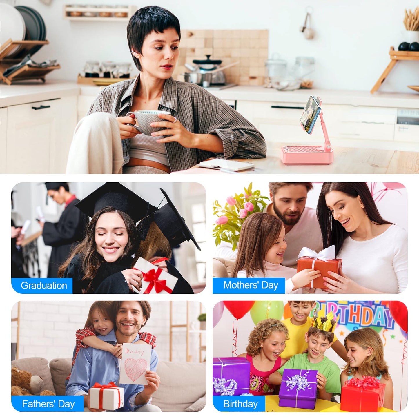 TechGlow Gifts for Men Women Foldable Cellphone Stand with Bluetooth Speaker and Charging Function 360° Rotatable Phone Stand Birthday Gift Idea for Mom Dad Cool Tech Gifts-Pink