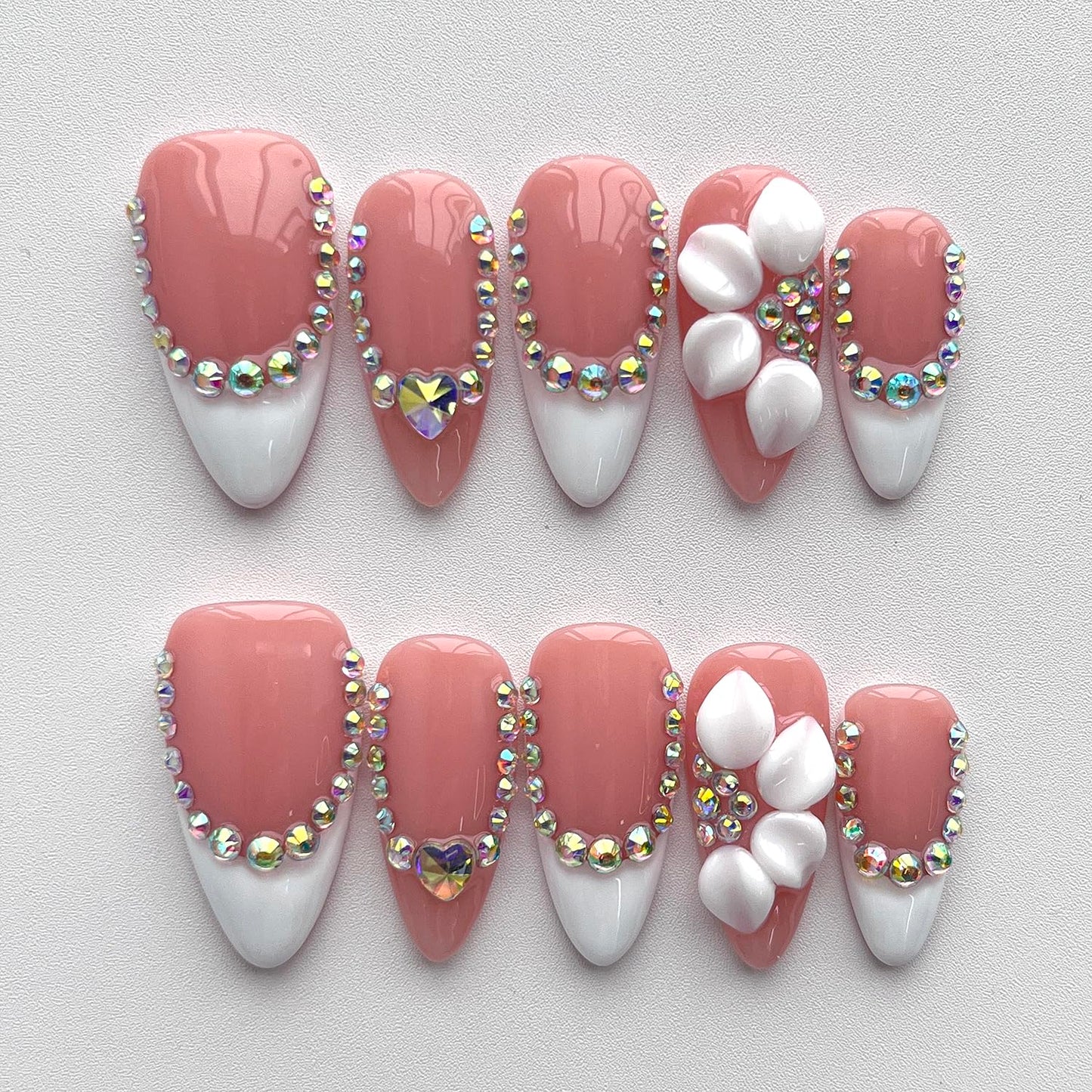 French Tip Press on Nails Handmade Medium Almond 3D Floral Thick Acrylic Nails White False Nails with Flower Rhinestones Designs Elegant Glossy Fake Nail Sturdy Wedding Art Press on Nail 10Pcs(M)