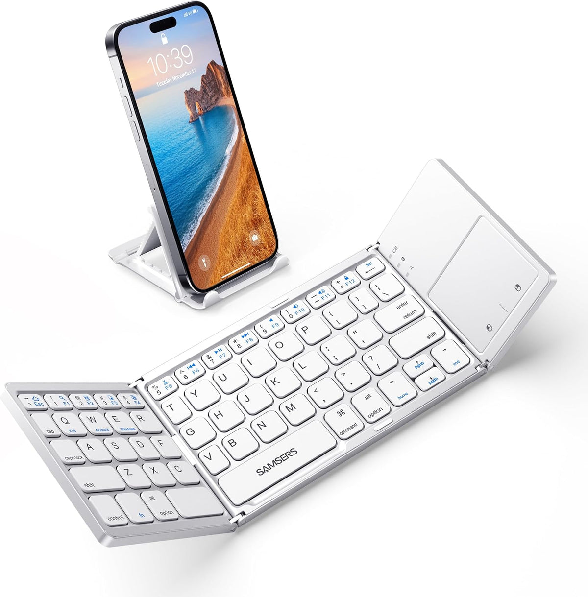 Samsers Foldable Bluetooth Keyboard with Touchpad - Portable Wireless Keyboard with Holder, Rechargeable Full Size Ultra Slim Pocket Folding Keyboards for Android Windows iOS Tablet & Laptop - Silver