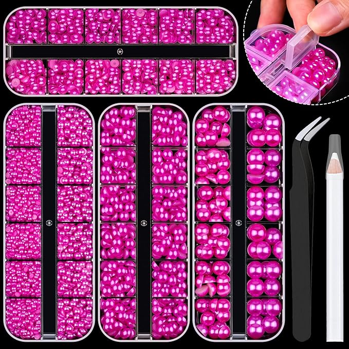 4 Boxes Flat Back Pearls Kit 11 Flatback Rose Red Half Round Pearls 3-10mm with Pickup Pencil and Tweezer for Home DIY and Professional Nail Art, Face Makeup and Craft
