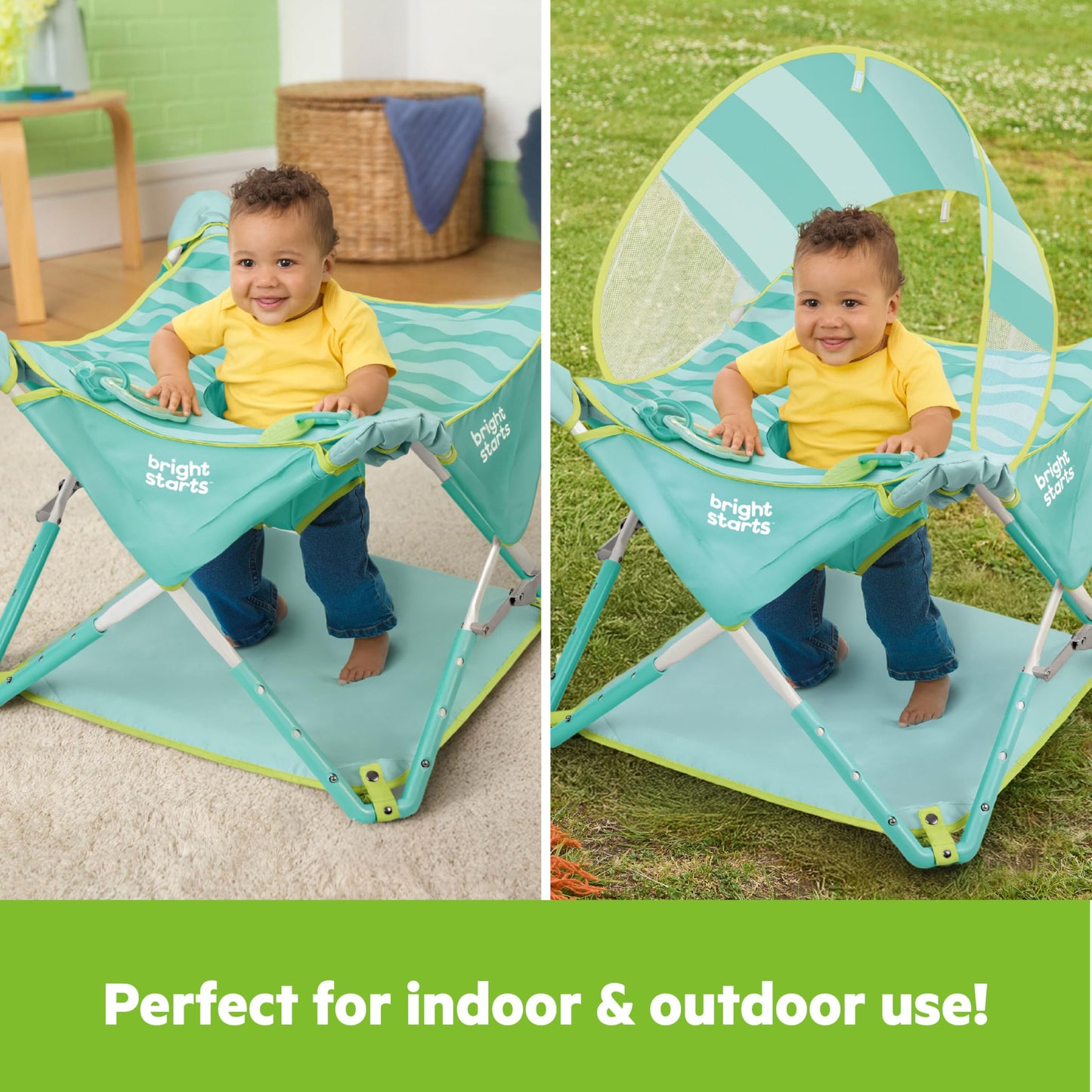Bright Starts Pop 'N Jump Portable Baby Activity Center, Indoor Outdoor Use, Lightweight, Carrying Bag, Canopy, 6-12 Months - Sky Stripes Blue
