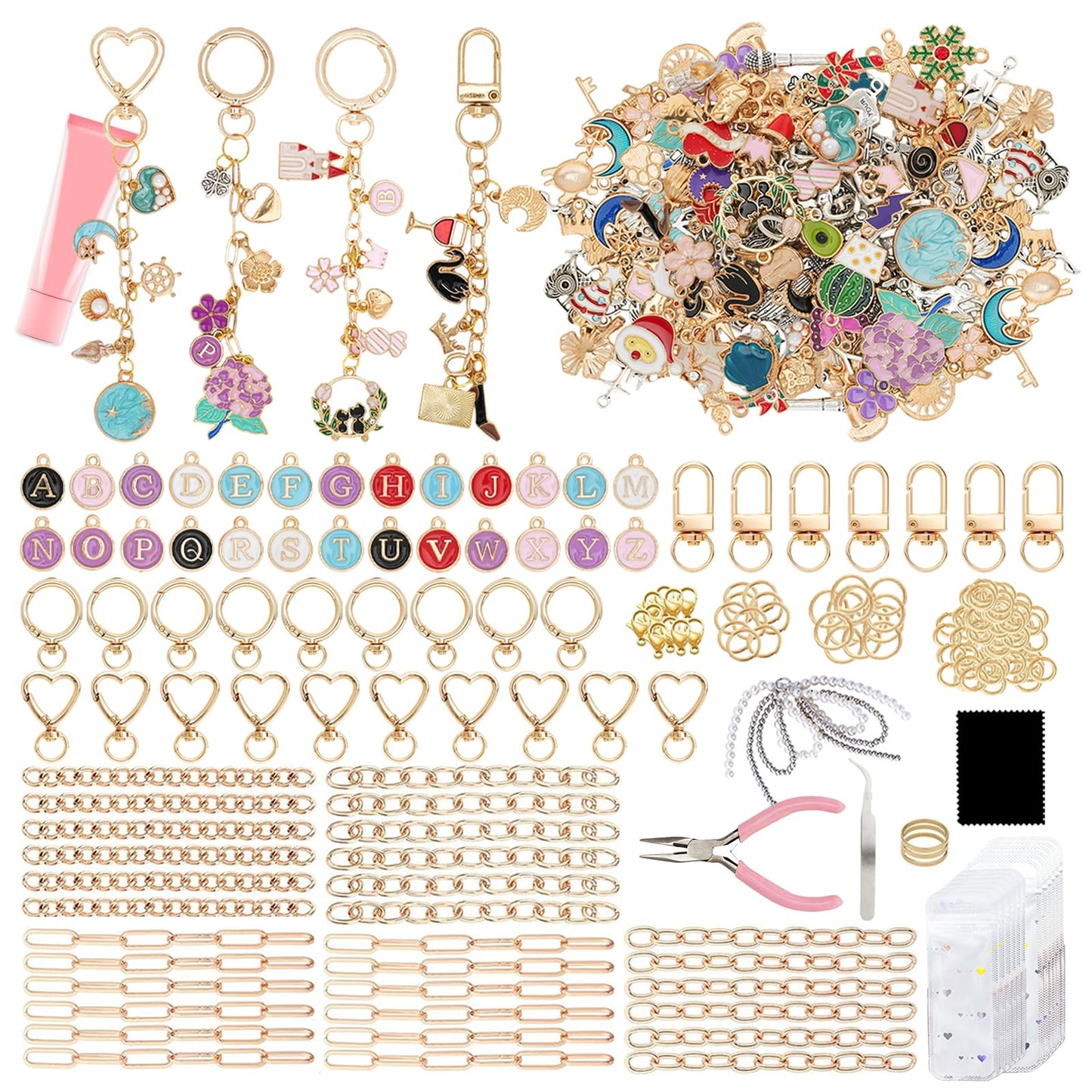 432Pcs Charms Lip Gloss Keychain Making Kit, DIY Craft Supplies with 25 Keychains Clips 25 Extender Chain 175 Charm Jewelry Plier, DIY Keychains Kit, for Keychain Making Supplies DIY Crafts (432Pcs)