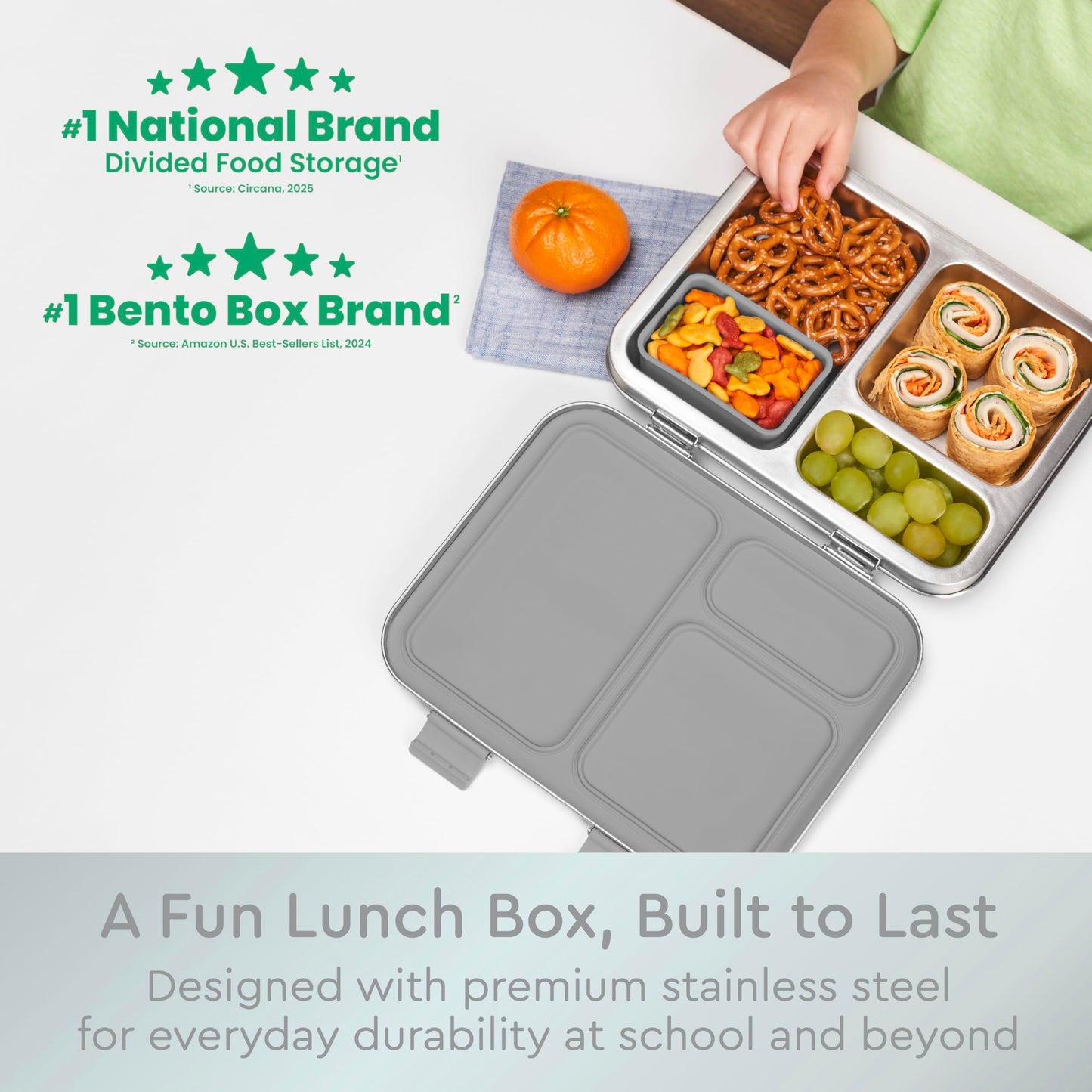 Bentgo Kids Stainless Steel Leak-Resistant Lunch Box - 3-Compartments with Bonus Silicone Container, Durable, Eco-Friendly, Dishwasher Safe, BPA-Free, Ideal for School, Ages 3+ (Silver)
