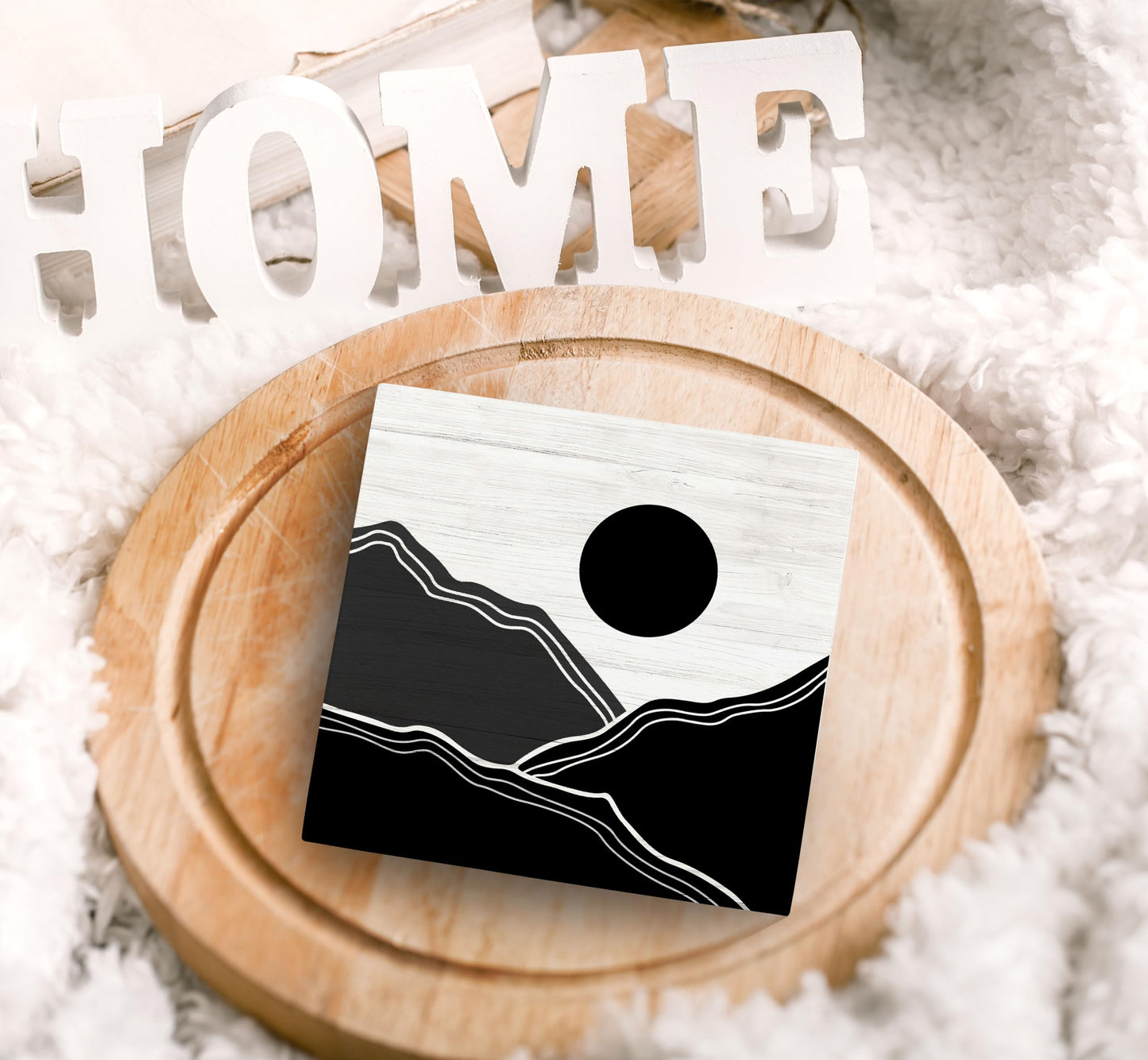 SRADMO Abstract Black and White Boho Sun Mountains Wood Box Sign Desk Decor, Bohemian Nature Landscape Wooden Block Box Sign Decoration for Home Office Shelf Table Decorative Accessories