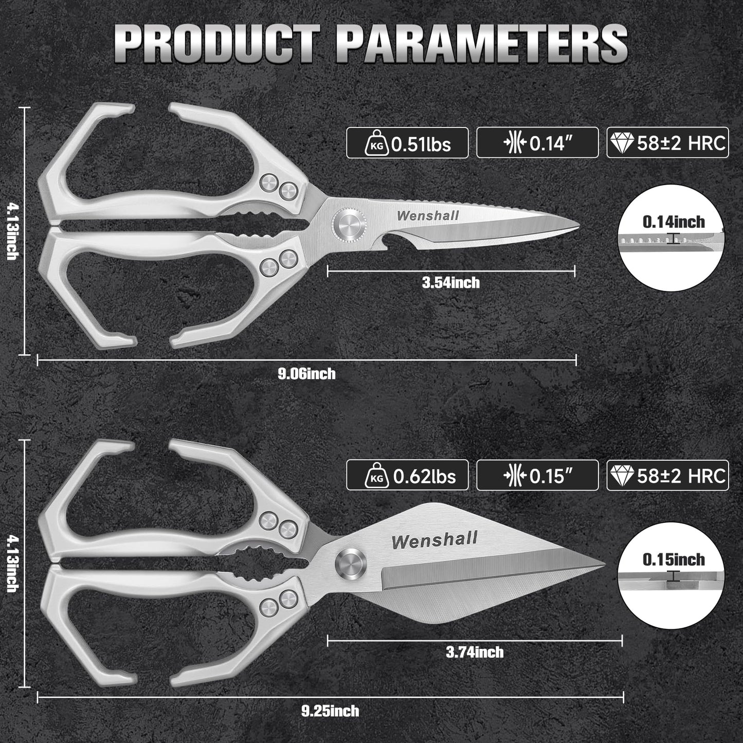 Wenshall 2-Pack Heavy Duty All-Purpose Kitchen Scissors, Stainless Steel, Kitchen Shears for Cutting Chicken, Poultry, Game, Meat - Chopping Vegetable, Dishwasher Safe,Christmas Gifts（Silver）