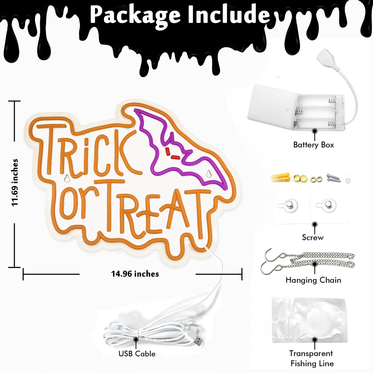 Halloween Neon Sign, Halloween Trick or Treat Neon Light Battery or Usb Powered for Wall Decor, Adjustable Brightness Halloween Neon Light(14.9 x 11.6 inches)