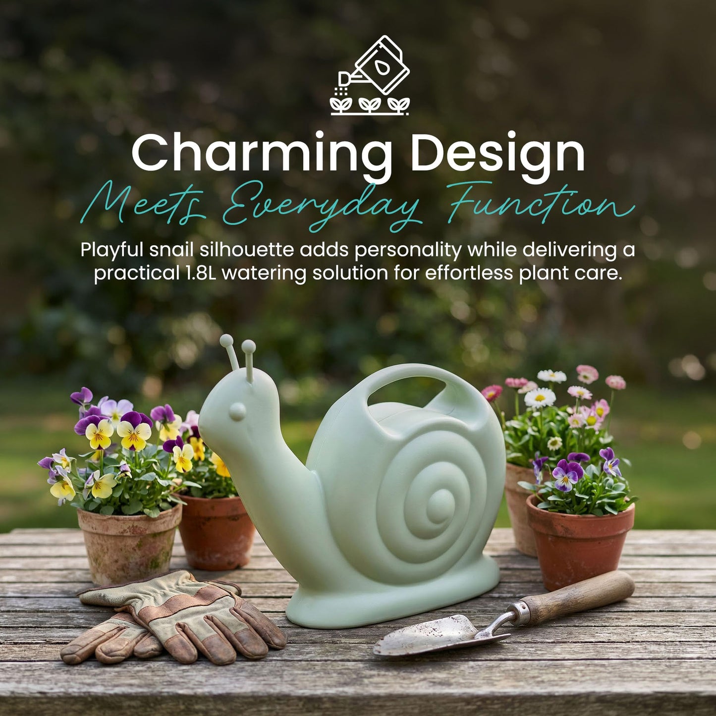 Union Products Snail Watering Can with Built-in Handle, 1.8L Capacity, Light Green - Ideal for Houseplants, Herbs, and Small Garden Beds