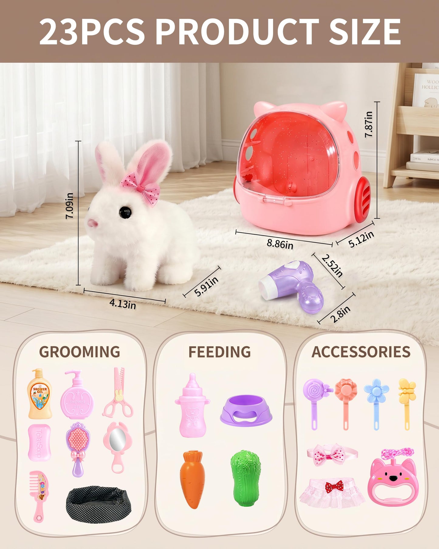 Eohemeral 23 Pcs Hopping Bunny Toy for Kids 3-5 5-7, Electronic Interactive Rabbit with Backpack, Wiggling Ears Squeaking Plush Pet, Pretend Play Easter Birthday Gifts for Girls 4 6 8 Year Old