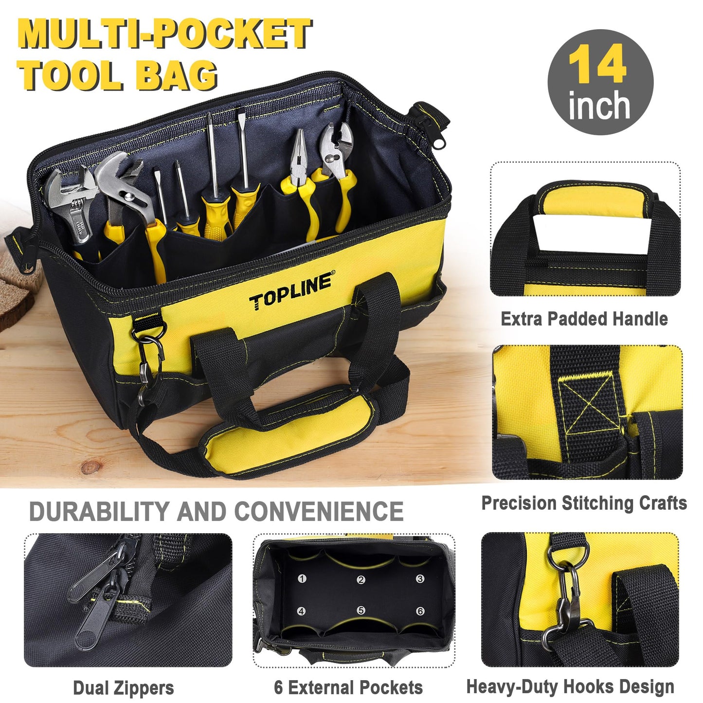 TOPLINE 390-Piece Hand Tool Kits for Home, 14-Inch Wide Mouth Tool Bag with Tools Included, Home Tool Set for Men, General Maintenance, Daily Use