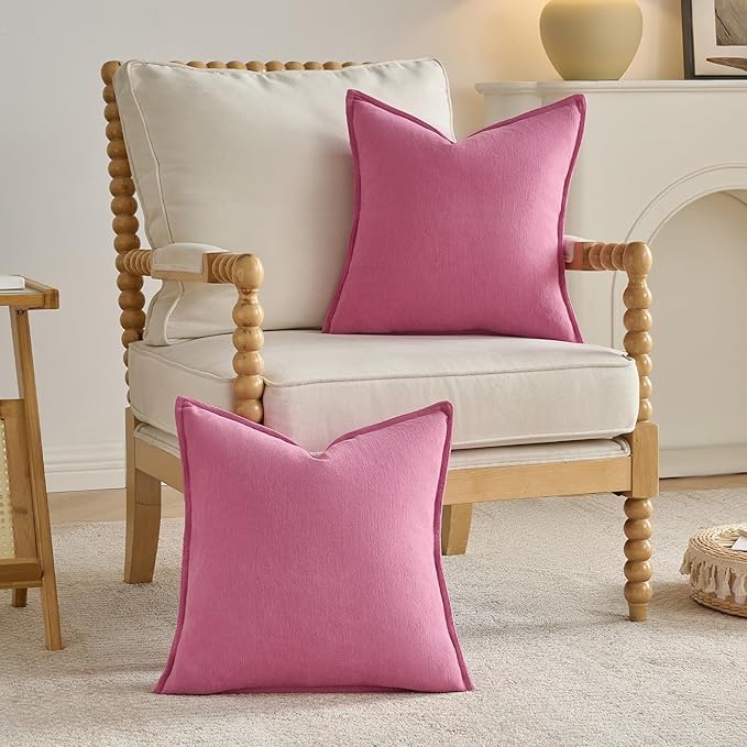 FUTEI Hot Pink Chenille Throw Pillow Covers 26x26 Inch Set of 2,Edges Double-Stitched Euro Pillow Shams,Modern Home Decor for Couch Living Room
