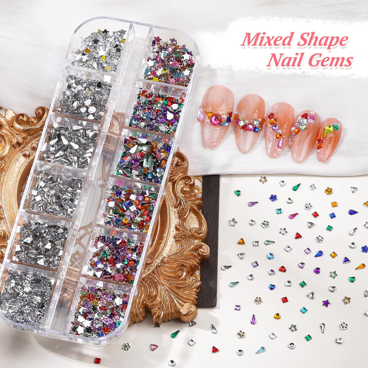 10 Boxes Nail Rhinestones Gems Kit,Gold/Silver Metal Studs,Mixed Sizes Flatback Crystals Rhinestones,Half Pearls,Sequins,Foil Flakes with Tweezers & Dotting Tools for DIY Manicure