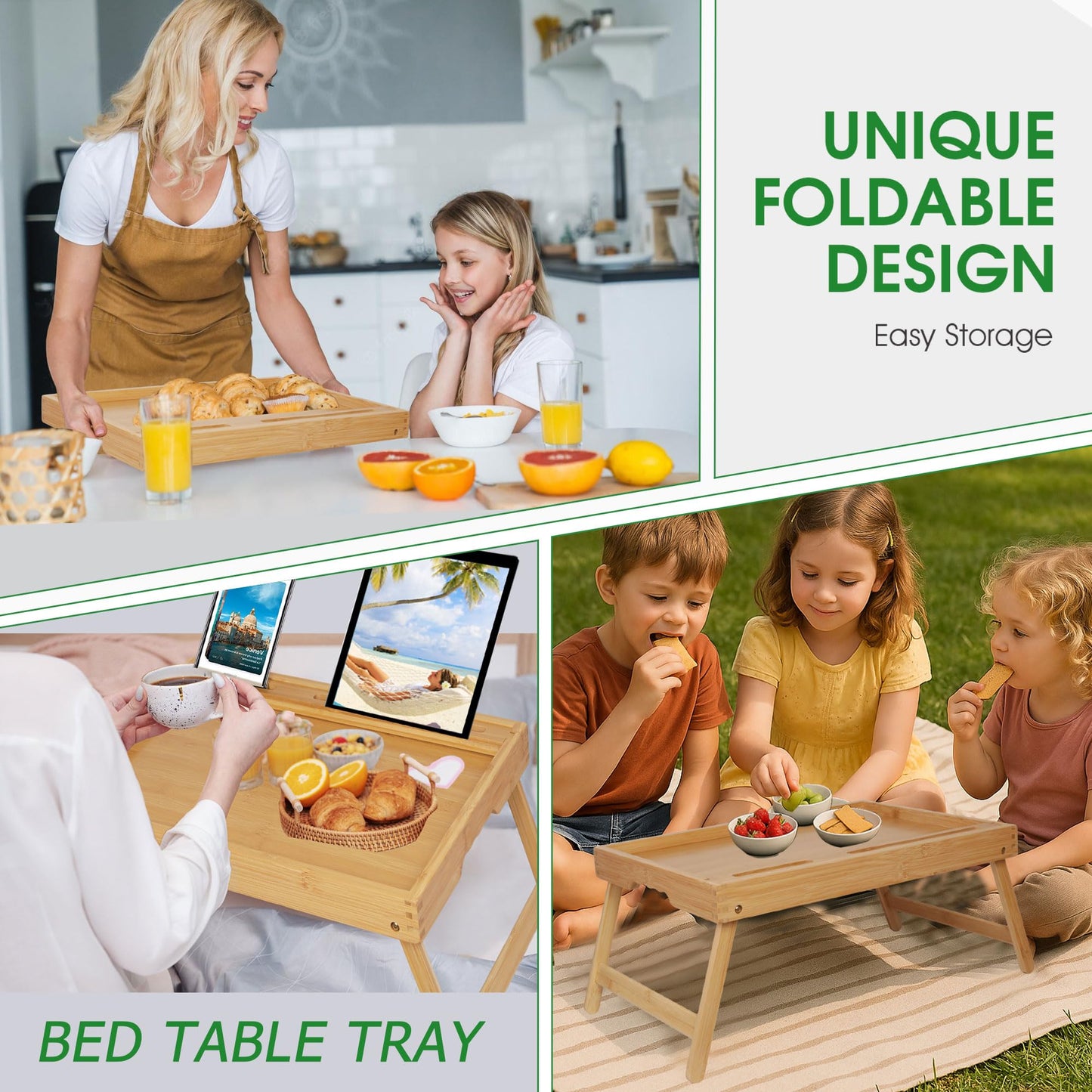 Asuthzon Bed Tray Table with Foldable Legs, Breakfast Food Trays for Eating on Couch with Media Slot for Bed, Eating, TV Tray, Kitchen Serving Tray(Bamboo, Medium)