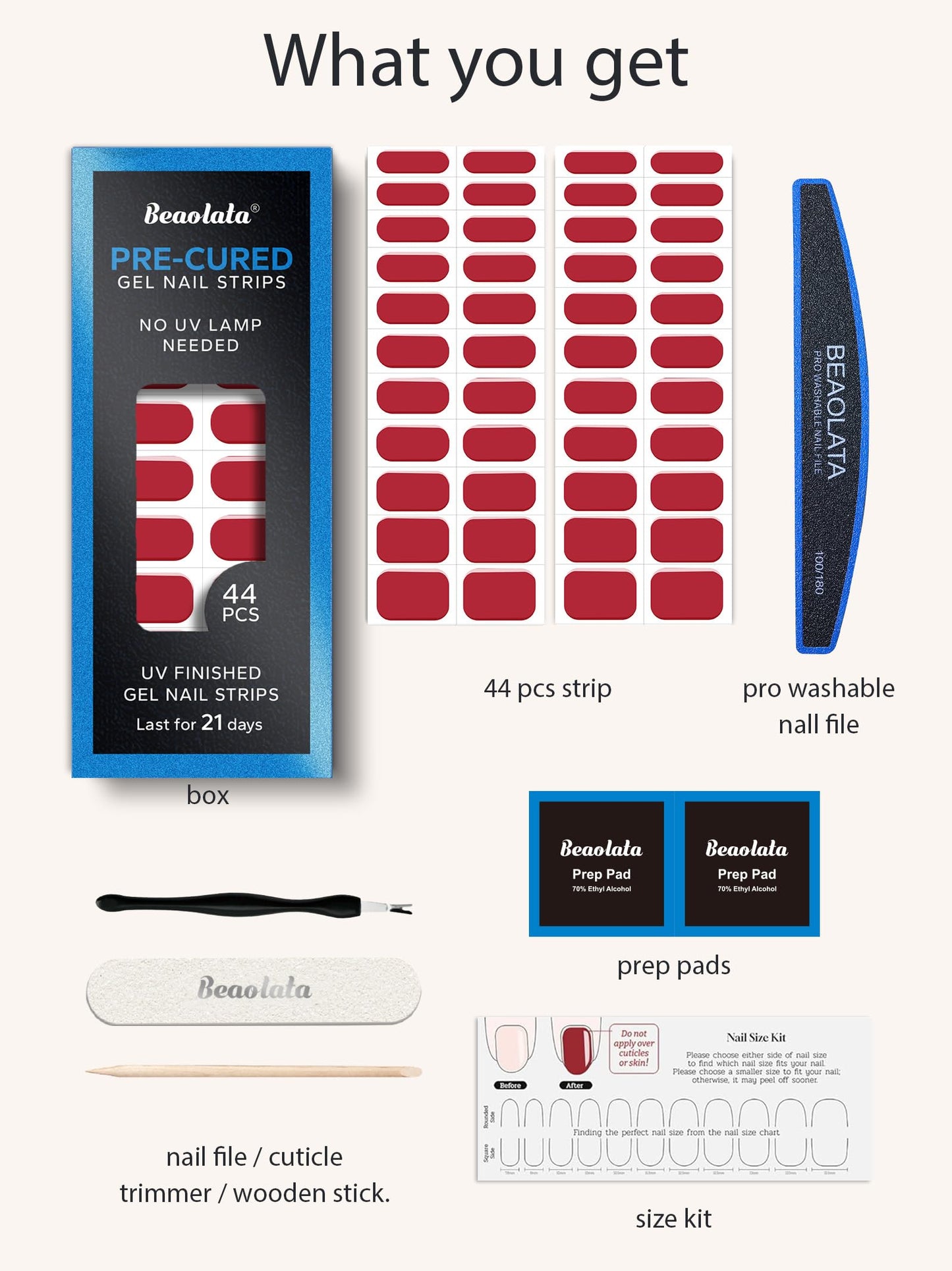 Beaolata Real Gel Nail Strips (No UV Light Needed) - 44Pcs Salon Quality Nail Stickers - Long Lasting Polish Wraps for Women, Easy Apply & Remove (Berry Pink)