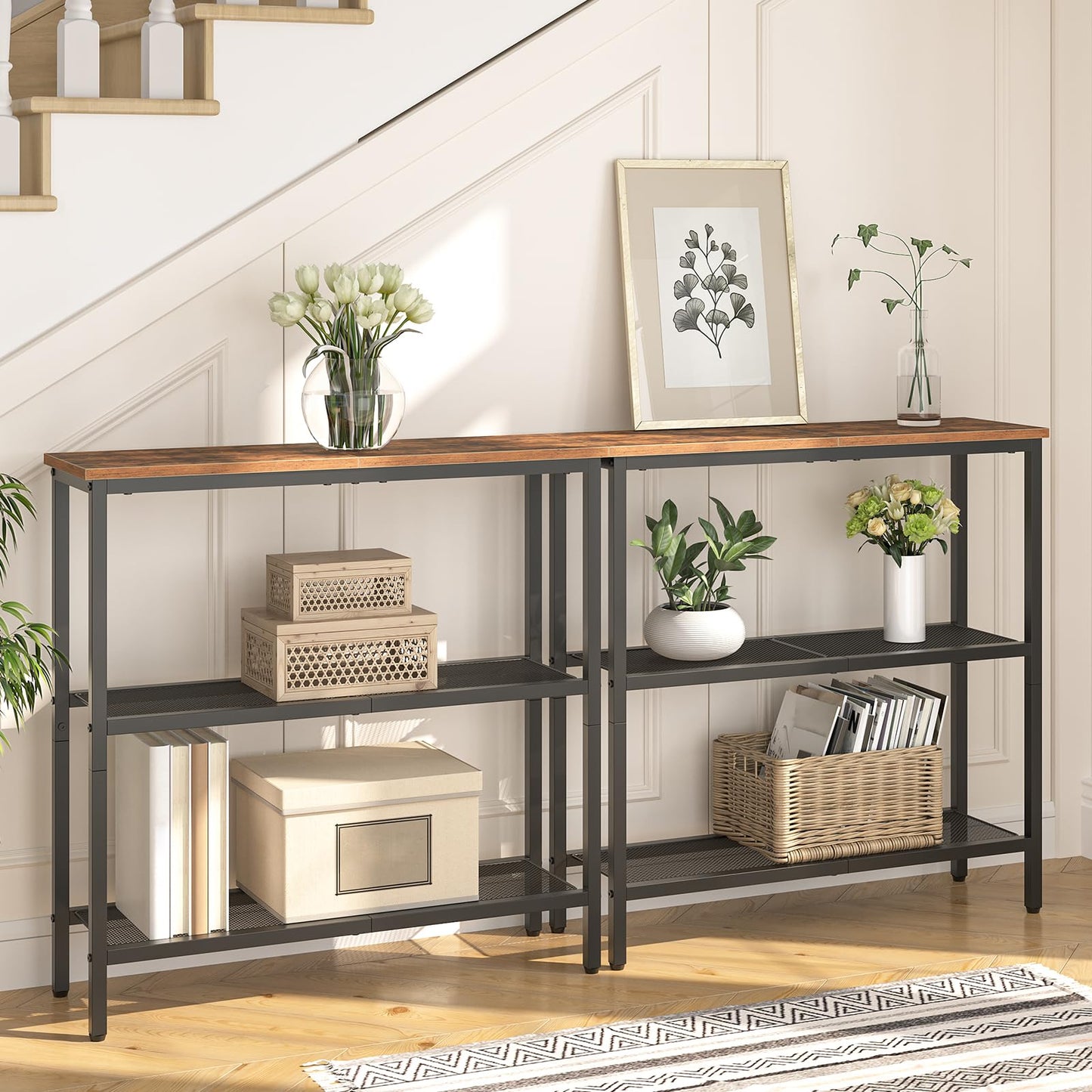 HOOBRO Console Table and Hanging Planter Bundle, 3-Tier Narrow Entryway Table, Hanging Planters for Indoor Plants Set of 2, BF73XG01-BK08HJP201