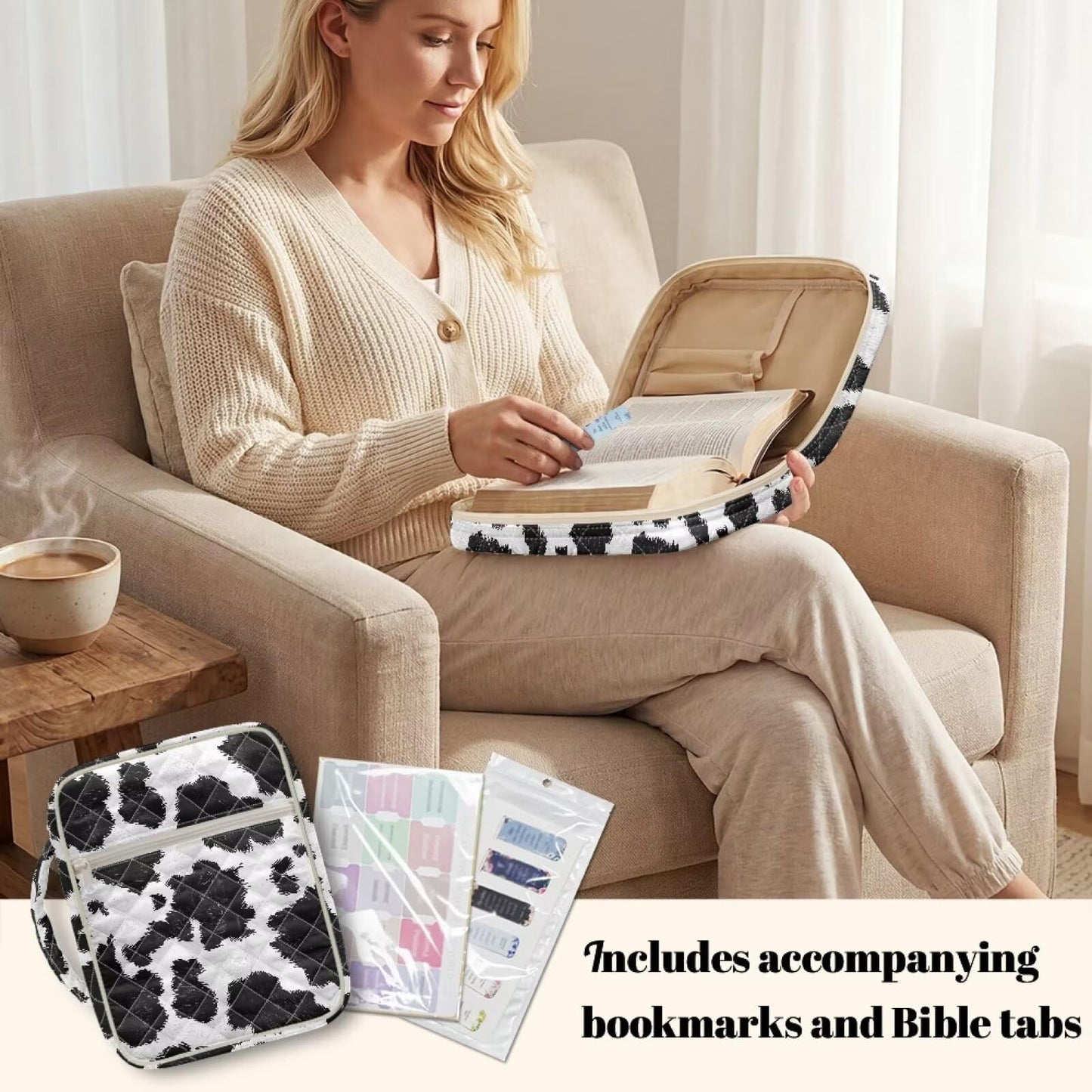 NETILGEN Black and White Cow Print Quilted Bible Carrying Case for Women Bible Cover with Handle Scripture Study Supplies Accessories Christian Gifts