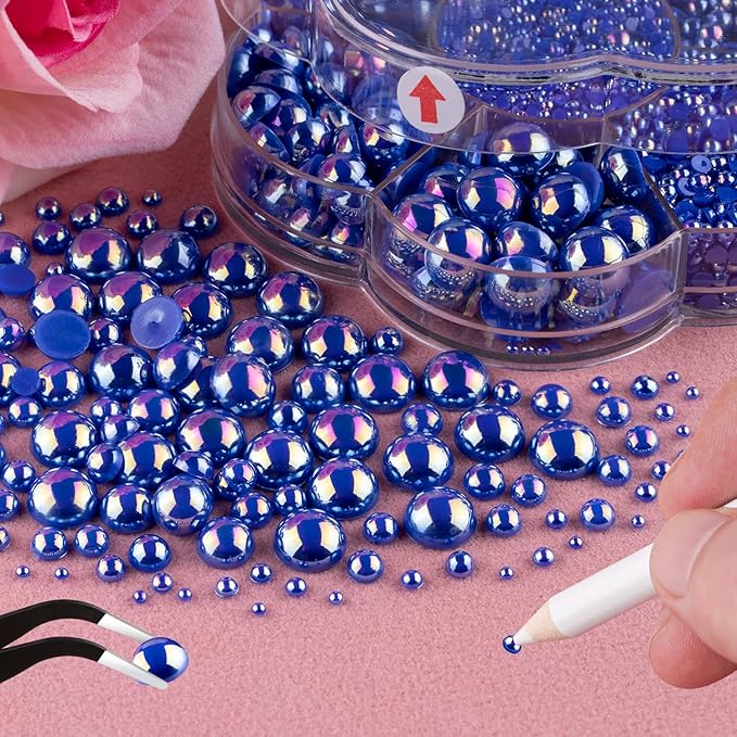 Nail Art Flat Back Half Round Pearl Kits 18, 1 Box of 6000 Pcs Flat-Back Ryoal Blue AB Pearl with Tweezer and Picker Pencil for Home DIY Nails Body Face Craft and Salon Use
