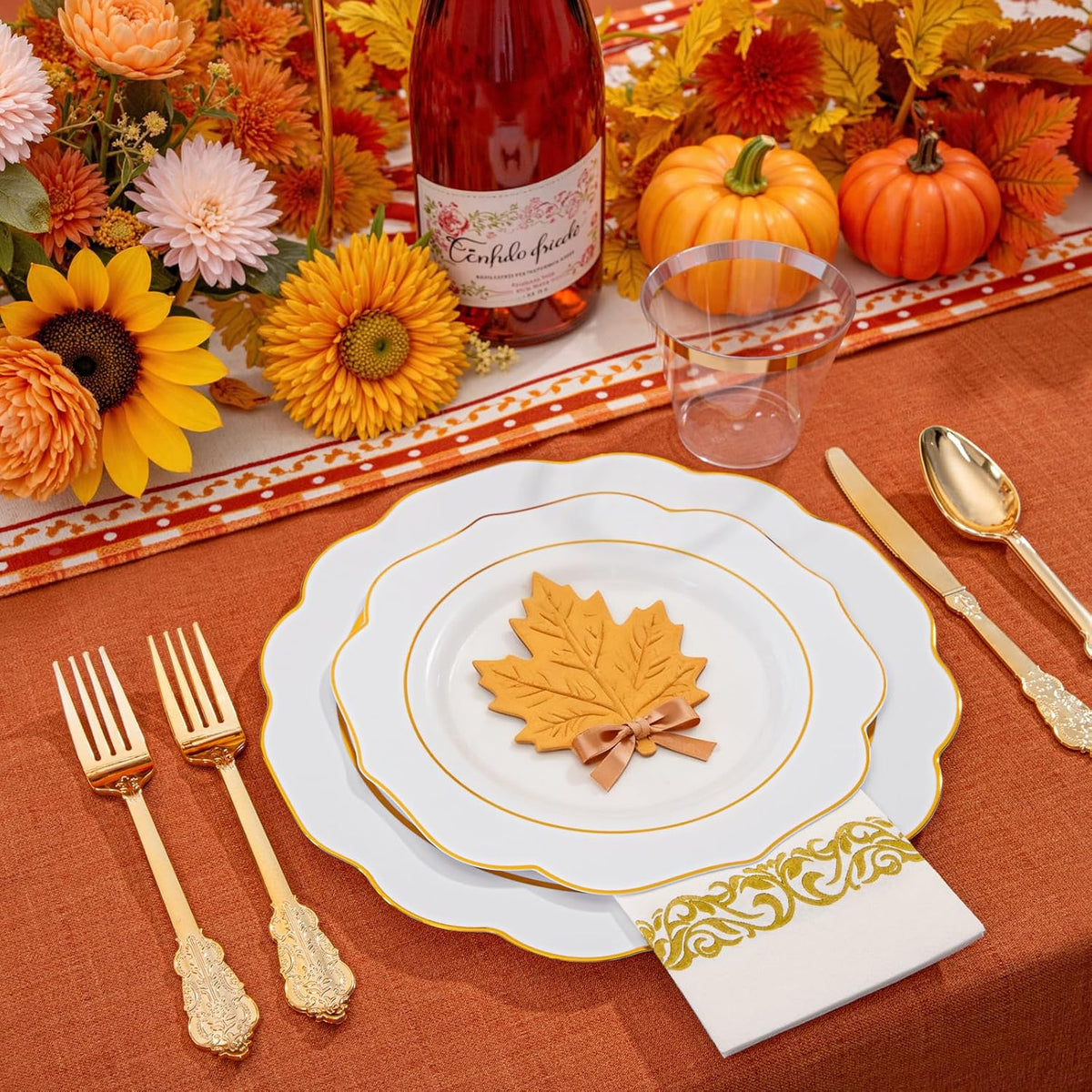 NOCCUR 175PCS Gold Plastic Plates with Disposable Silverware - White Gold Plastic Tableware Include 25 Dinner /25 Dessert Plates, 75 Cutlery, 25 Cups, 25 Napkins - Ideal for Fall Party&Thanksgiving