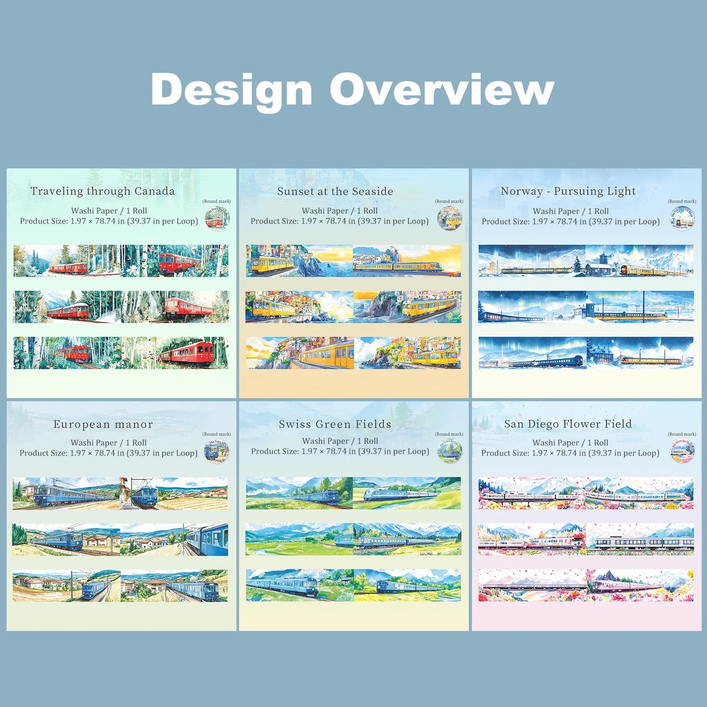 AuriicLeaf Train Scenery Washi Tape Set – 6 Rolls Travel & Nature Inspired with Clip for Scrapbook Journals DIY Crafts Decoration 1.97"x78.7" 39.37in per Loop