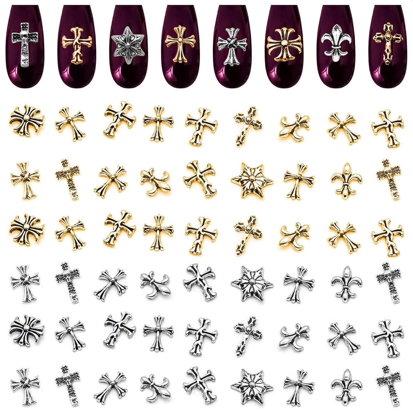 240Pcs Silver & Gold Cross Nail Charms Premium Set – 8 Styles with 3D Raised Design & Metallic Shine, Cross Charms for Nails, Acrylic Nails & Press-Ons – Statement Nail Decorations for Bold Manicures