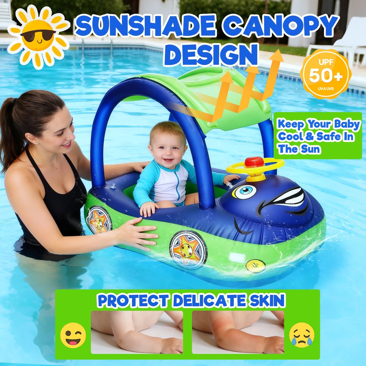 iGeeKid Inflatable Baby Pool Float with Canopy, Safty Seat for Infant Baby Swim Float Rings Car Shaped Swimming Pool Floaties for Babies Toddler Age of 18-36 Months (Blue)