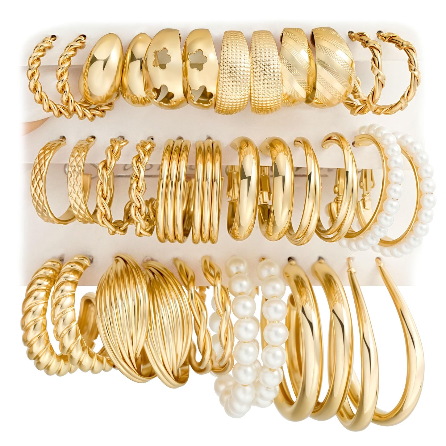 Gold Hoop Earrings Set for Women, 18 Pairs Hypoallergenic Chunky Open Pearl Hoops Earring Multipack, Gold Statement Hoop Earrings for Women Trendy Jewelry