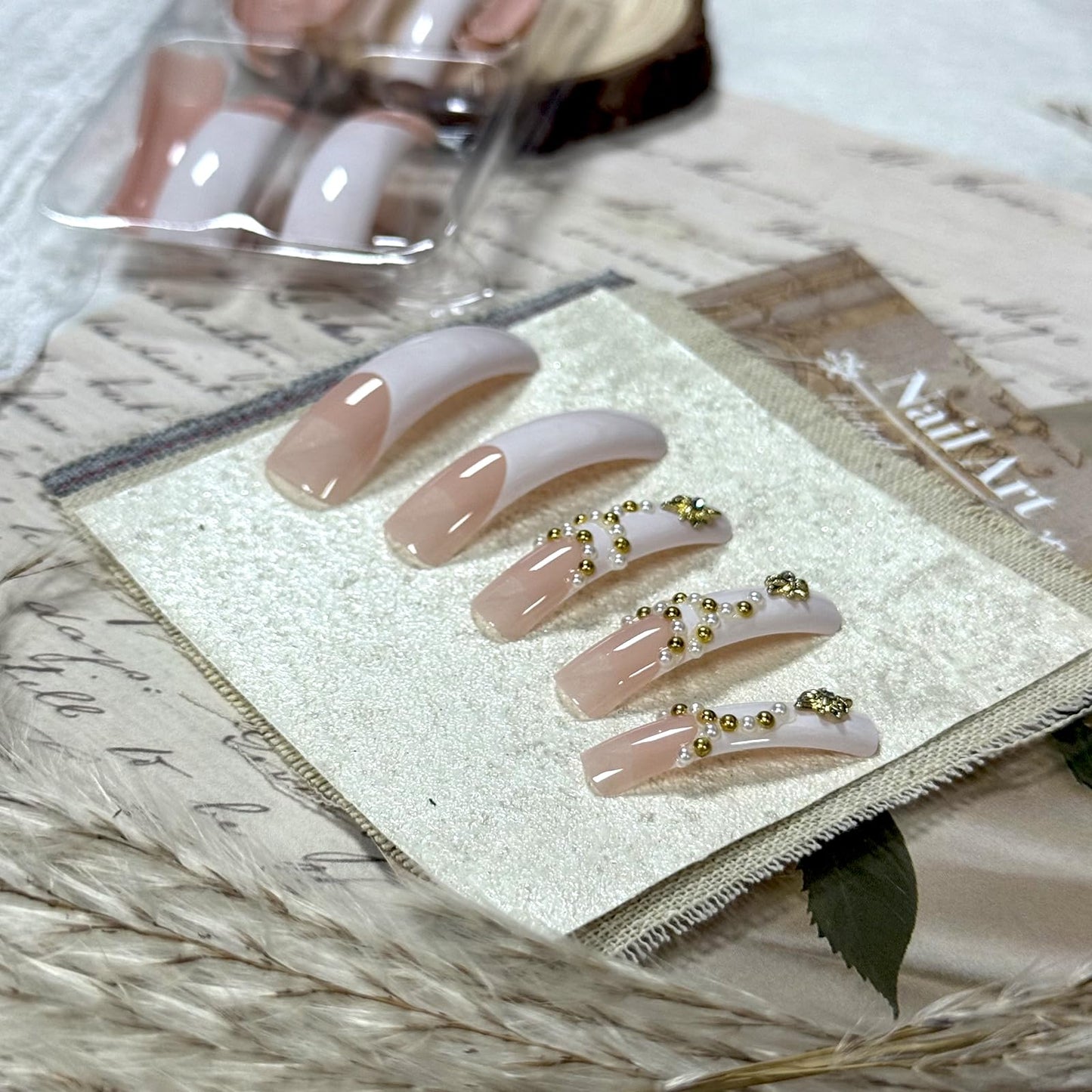 IMSOHOT Curved Press on Nails White French Tip Fake Nails Extra Long Square False Nails with Golden Charms Design Glossy Acrylic Full Cover Stick on Nails for Women Manicure 20Pcs