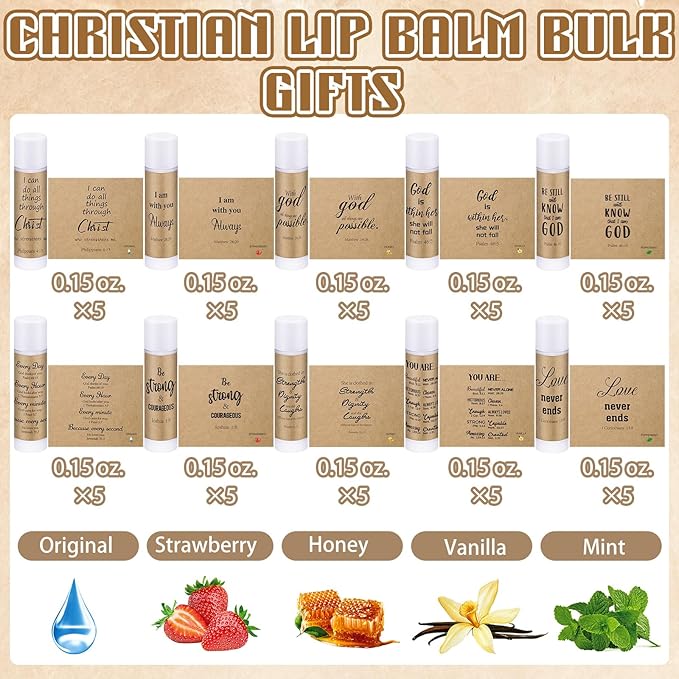 50 Pack Christian Religious Gifts Bulk Lip Balms for Women Men Religious Church Party Favors Bulk Bible Verse Lip Balm with Scripture Inspirational Gifts for Coworkers Staff Employee