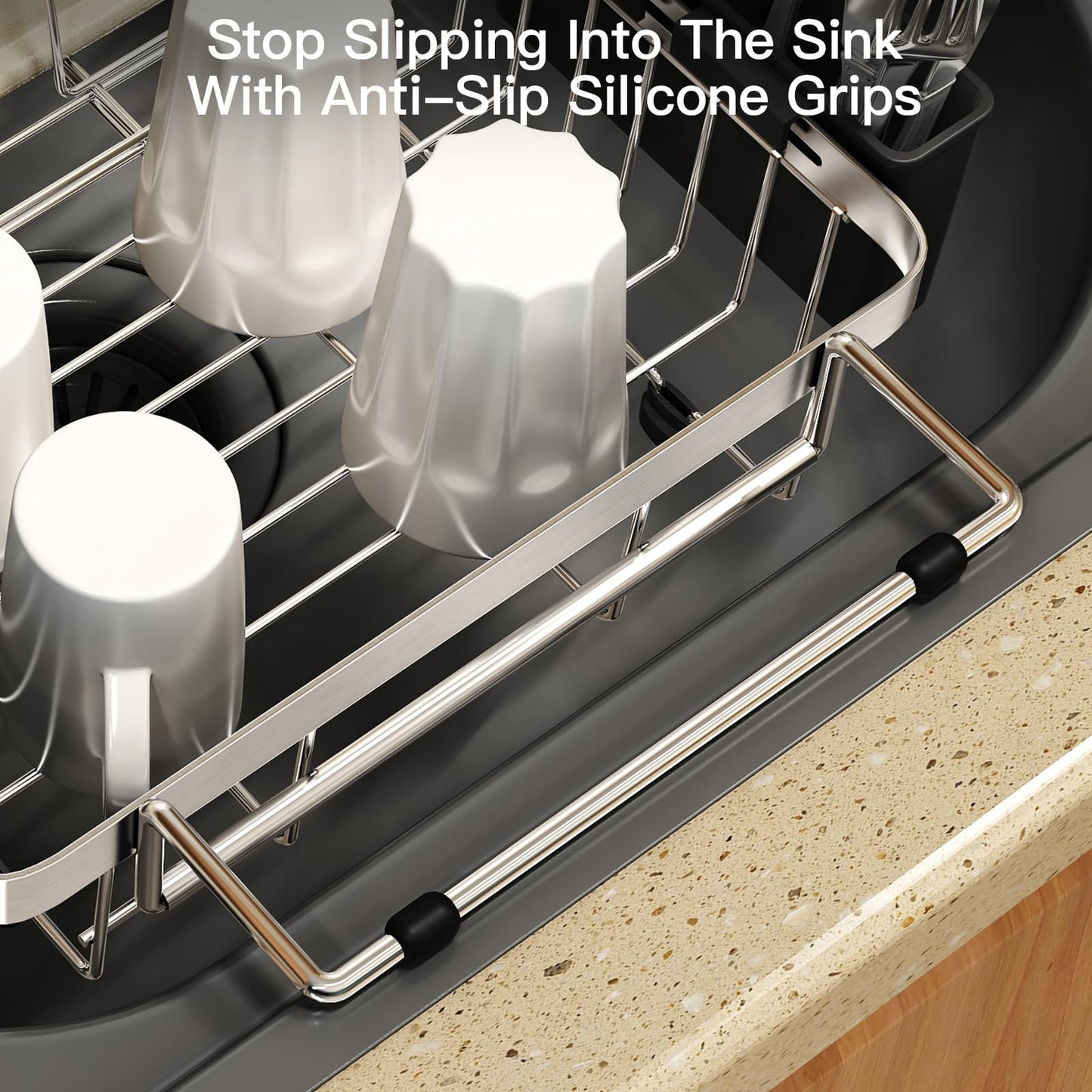 MAJALiS Dish Drying Rack Over The Sink, Expandable Stainless Steel Dish Drainer for Small Kitchen Counter Space Saving, RV Compact Plate Strainer In Silver Metal with Hanging Adjustable Utensil Holder