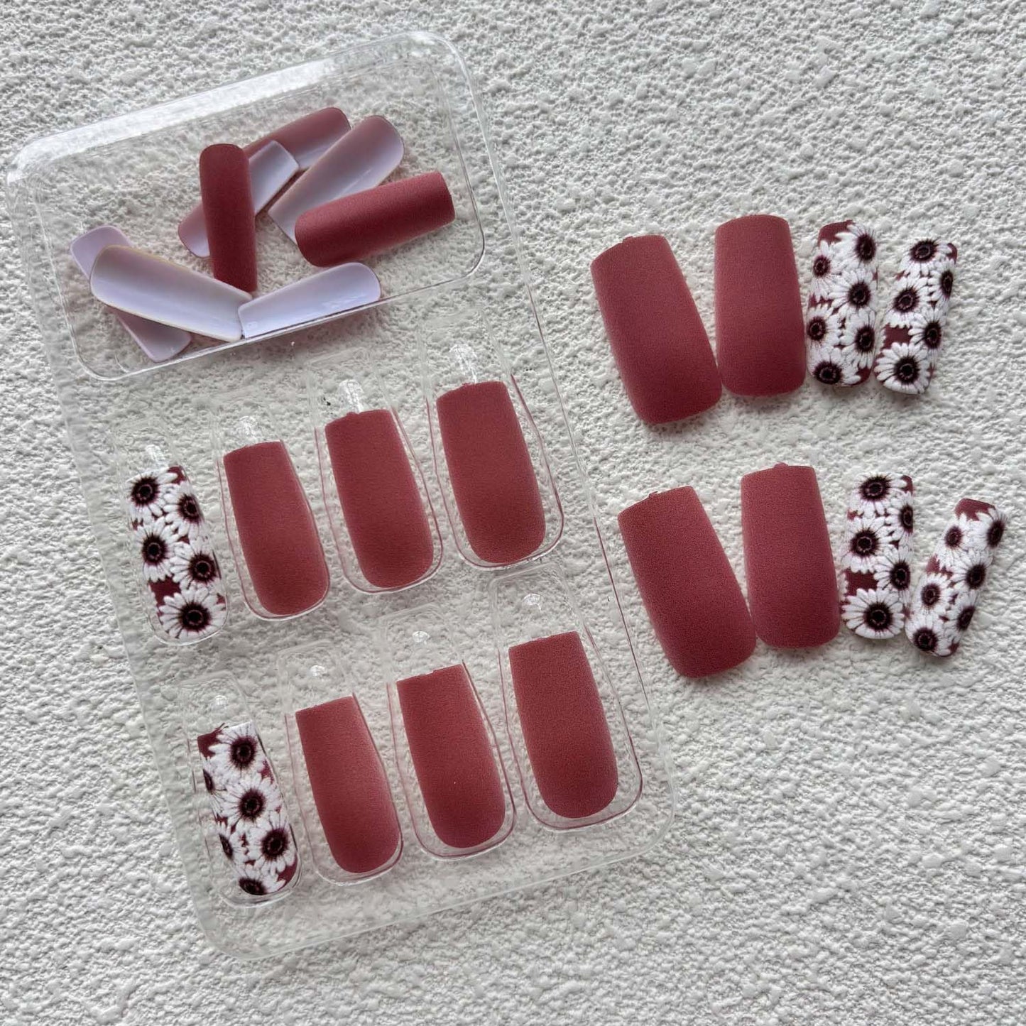 Spring Press On Nails Square Press On Nails Medium False Nails With Flower Design Red Acrylic Full Cover Artificial Matte Glue On Nail Floral Stick On Nail For Women Manicure 24pcs