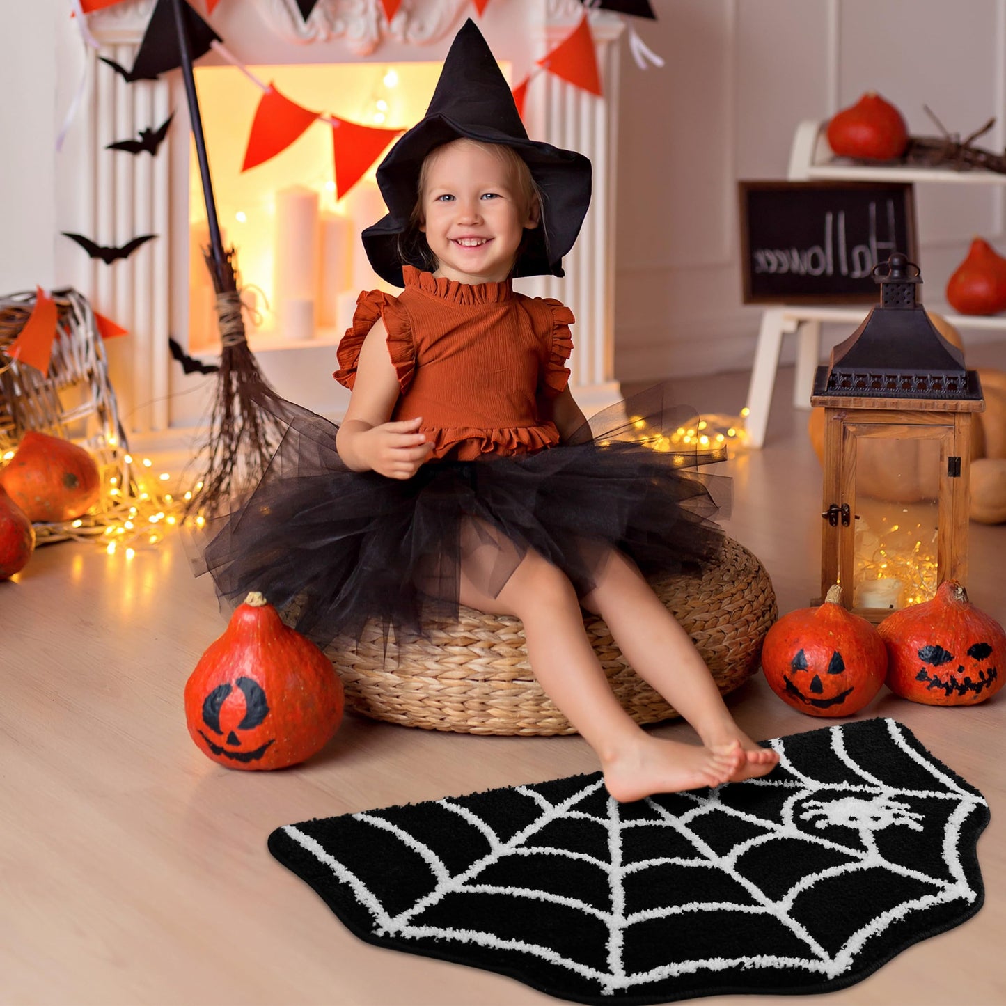 TRUEDAYS Halloween Decor Spider Web Bath Mat for Bathroom, Gothic Cute Halloween Decoration Black White Half Circle Bath Mat Non Slip Cartoon Bath Rug Bathroom Mat Plush Shower Rugs Washable