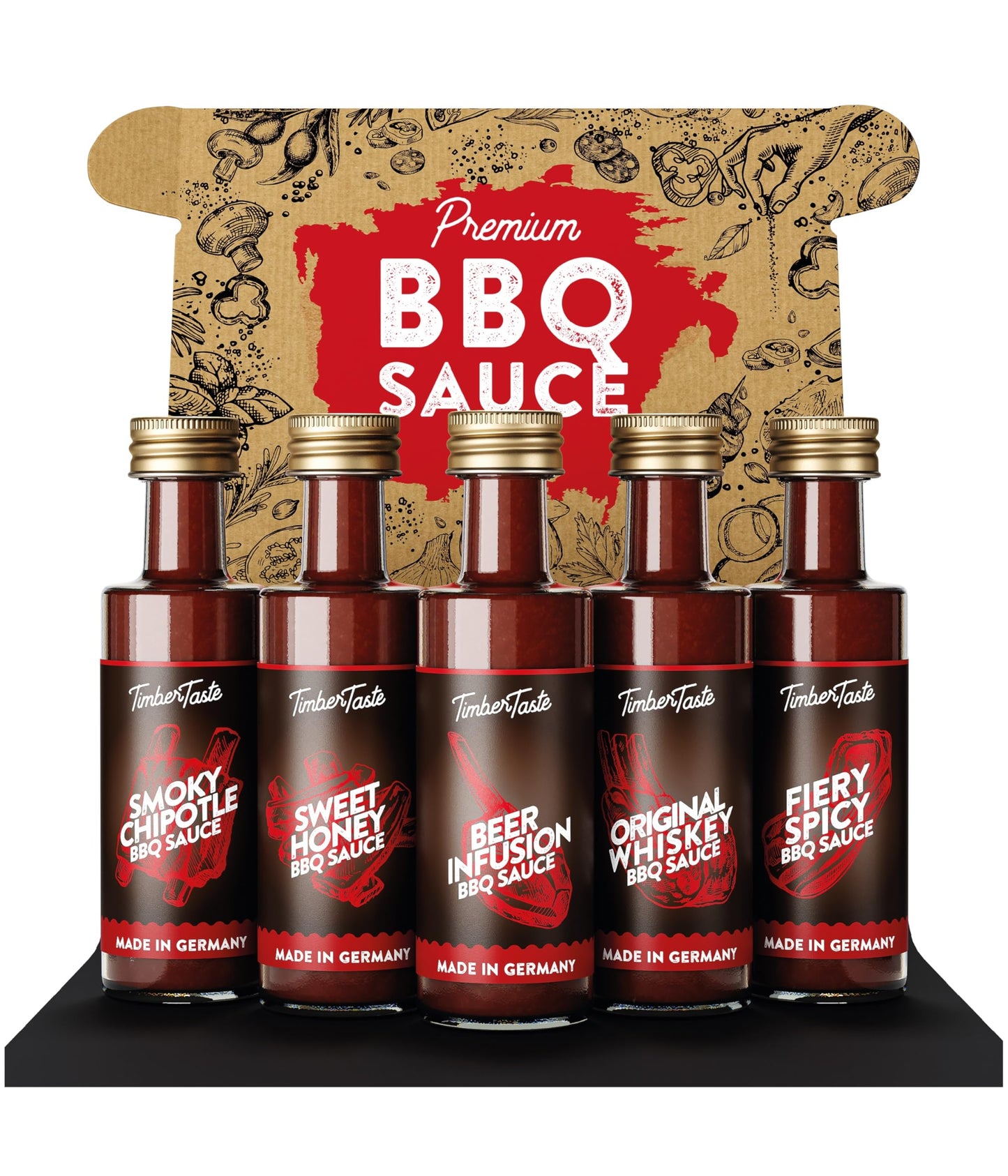 TIMBER TASTE® BBQ Sauce Gifts for Men [5x40 ml] - BBQ Sampler Set with Rubs and 5 Gourmet Barbecue Blends | BBQ Gift Sets | Grill Sauces Gift Set | BBQ Sauce Kit for Dads Birthday Present Box