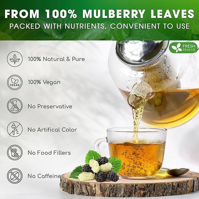 FreshDrinkUS, Premium 120 Mulberry Leaf Tea Bags, 100% Natural & Pure from Mulberry Leaves. Loose Leaf Herbal Tea. Made with Natural Material Tea Bags. No Sugar, No Caffeine, No Gluten, Vegan.