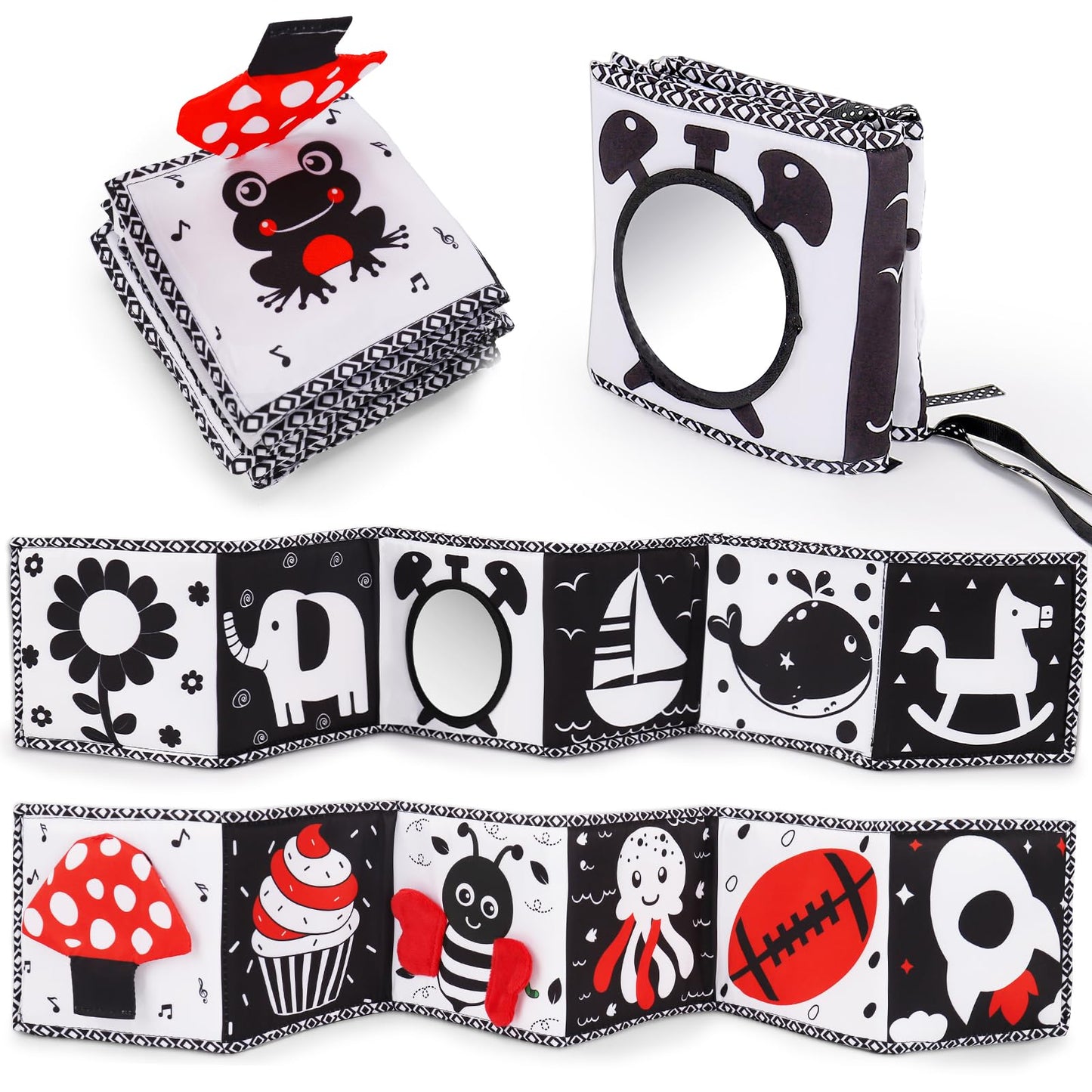 Black and White High Contrast Toys for Baby 0-3 3-6 months Infant Tummy Time Soft Book Sensory Musical Toy 0-2-4-6 month Babies Brain Development Crinkle Book Mirror Newborn Easter Basket Stuffer