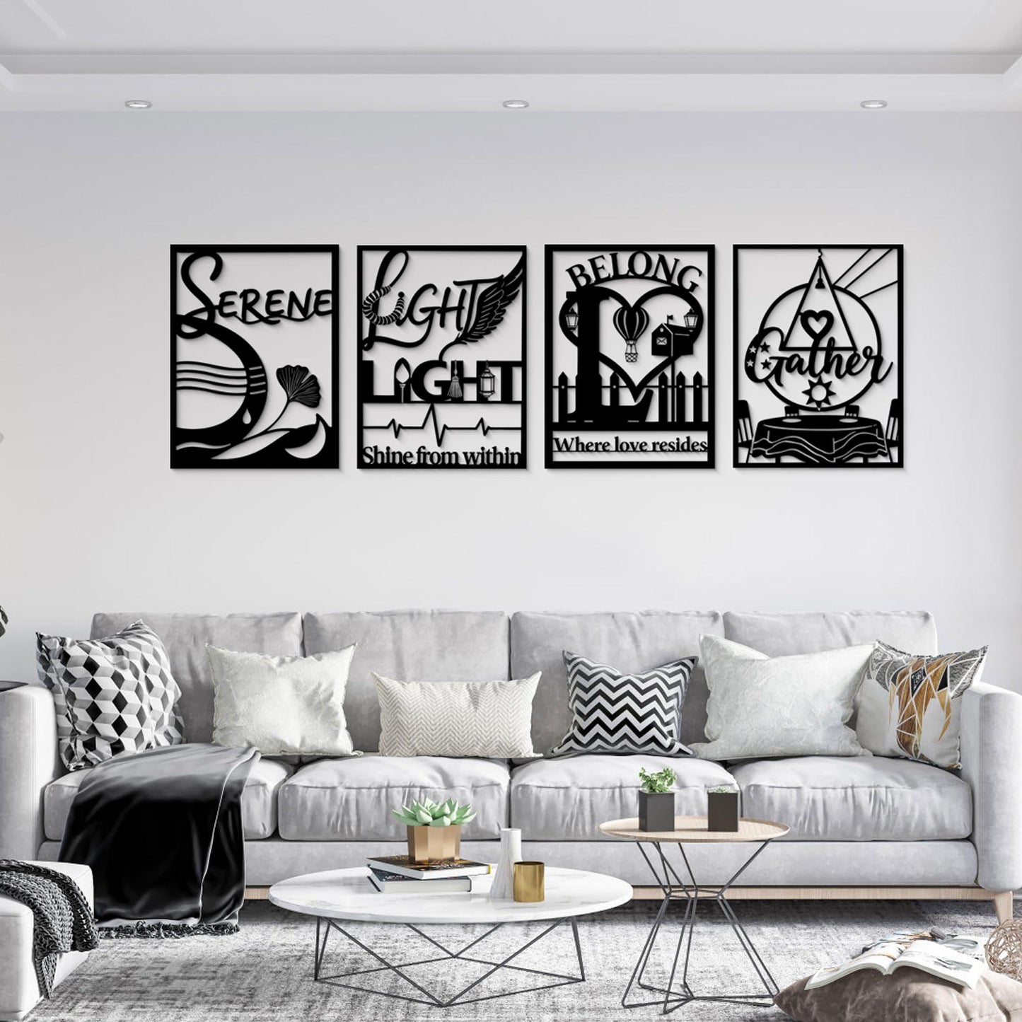 GlintHome Black Metal Wall Decor - Letter (Light/Belong/Serene/Gather) Large Wall Art for Living Room Bedroom Office Home Decor