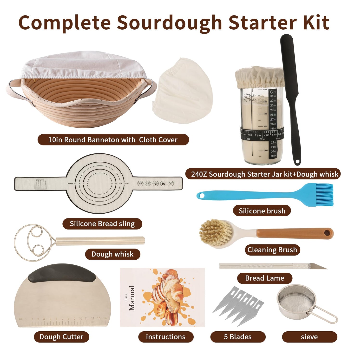 Complete Sourdough Starter Kit with Banneton Proofing Basket & Dough Scraper – All-in-One Bread Baking Set for Homemade Artisan Sourdough