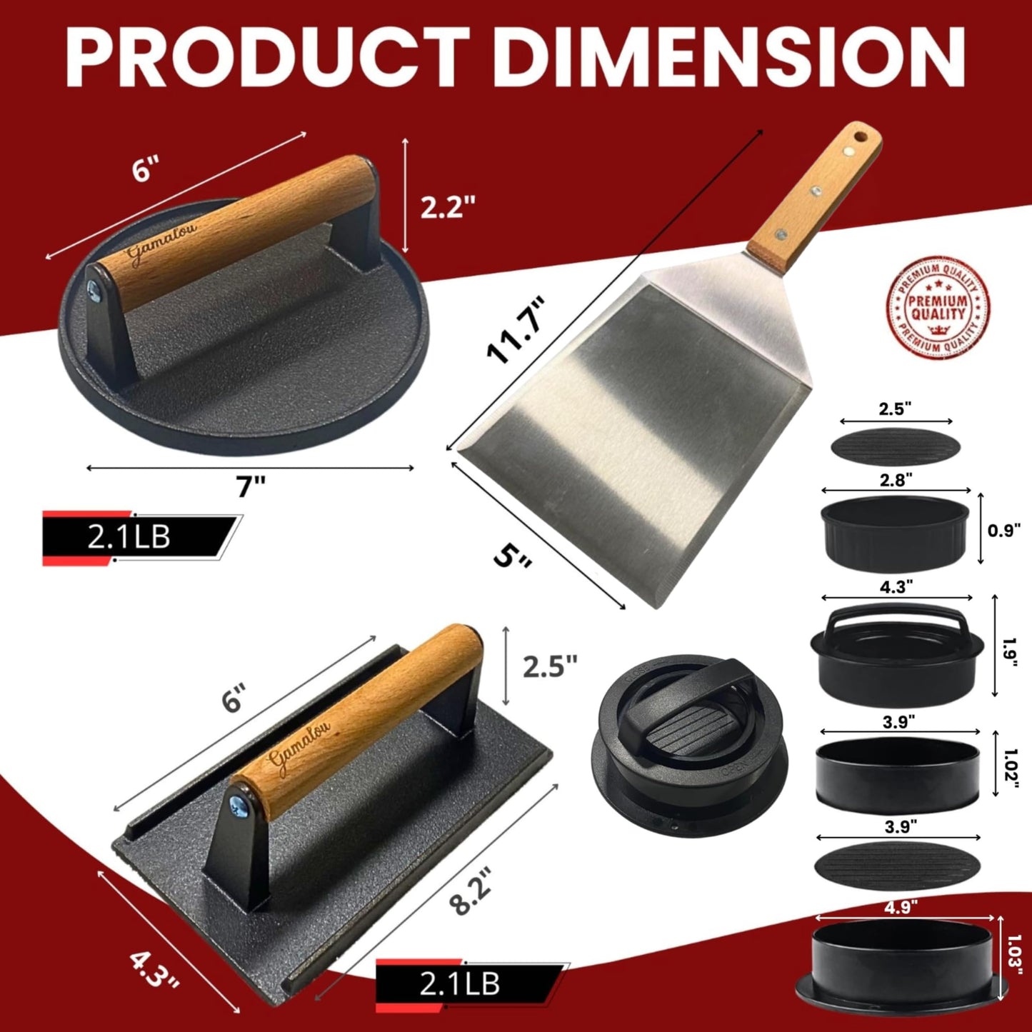 Gamalou® Smashed Burger Press BBQ Kit: 7" Black Round & 8.2x4.3 Rectangle Cast Iron Bacon Press, 3 in 1 Patty Maker, Spatula 6x5, Burger Press Griddle Set for Blackstone, Traeger, Grills, Fry Pan