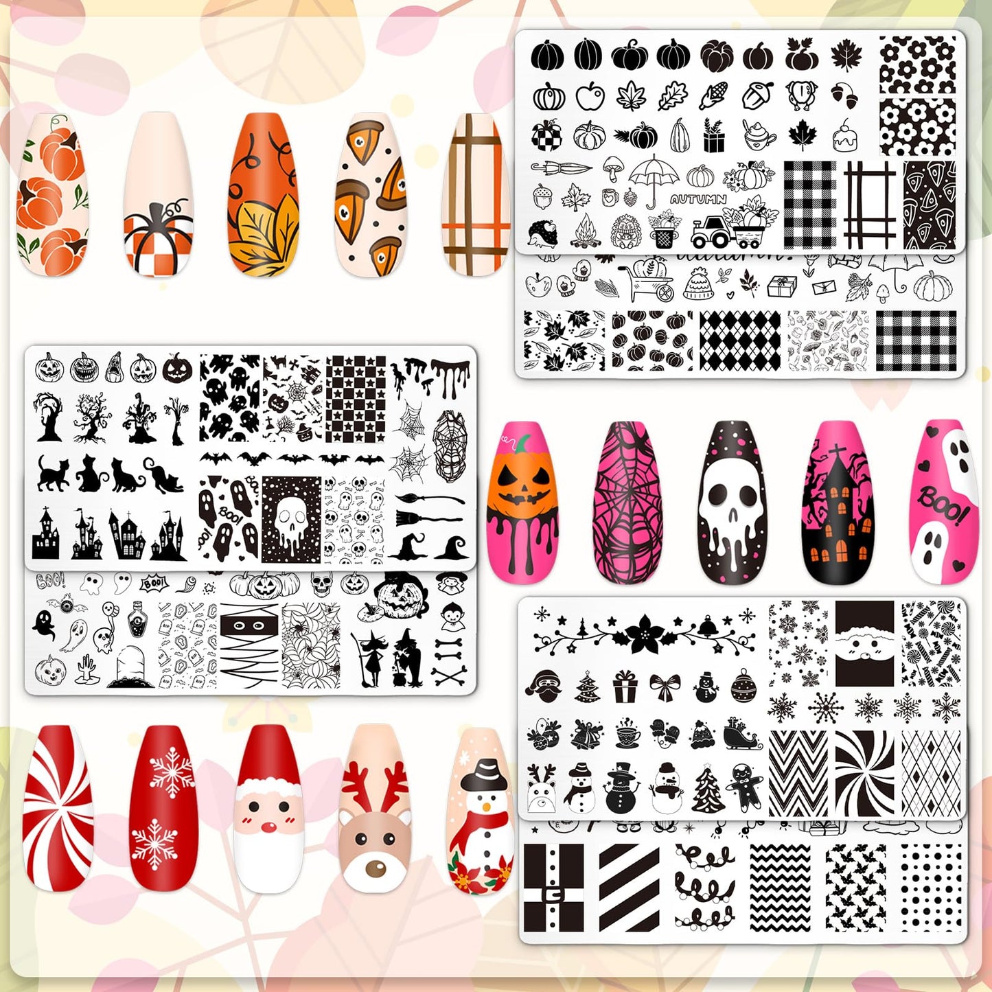 Whaline 6Pcs Fall Halloween Christmas Nail Plates Stamping Set Pumpkin Ghost Snowman Stamp Templates Nail Art Plates for DIY Print Manicure Salon Design