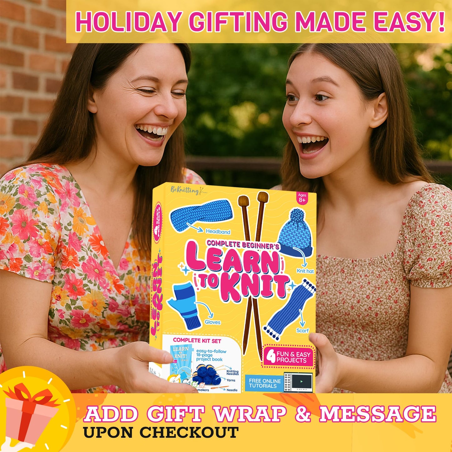 BeKnitting Knitting Kit for Beginners Adults & Kids - Learn to Knit - Yarn, Pompom Makers, Needles & Other Supplies | Holiday Gifts, Gift-Ready Box