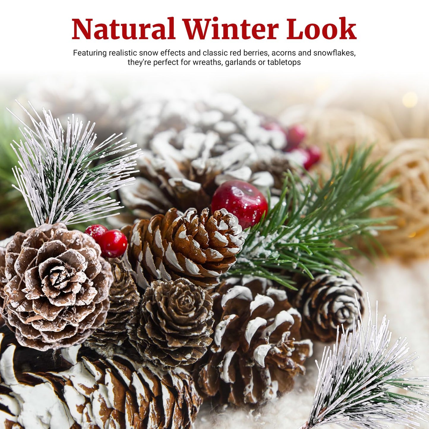 Christmas Decorations Pine Cones, 138PCS Natural Pinecones Berry Pine Branch Snowflake Set, White Christmas Ornaments Indoor Table Decor for Home Winter Decoration, Wreath Making Supplies