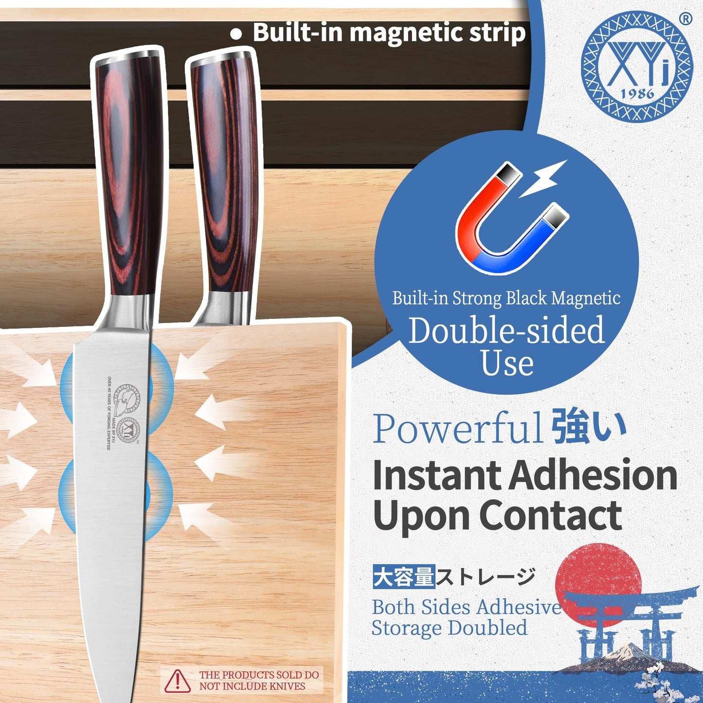 XYJ Authentic Since 1986, Magnetic Knife Block with Cutting Boards, Natural Wood, Countertop Knife Organizer, Space-Saving Knives & Prep Board Set, Kitchen Storage Solution without Knives