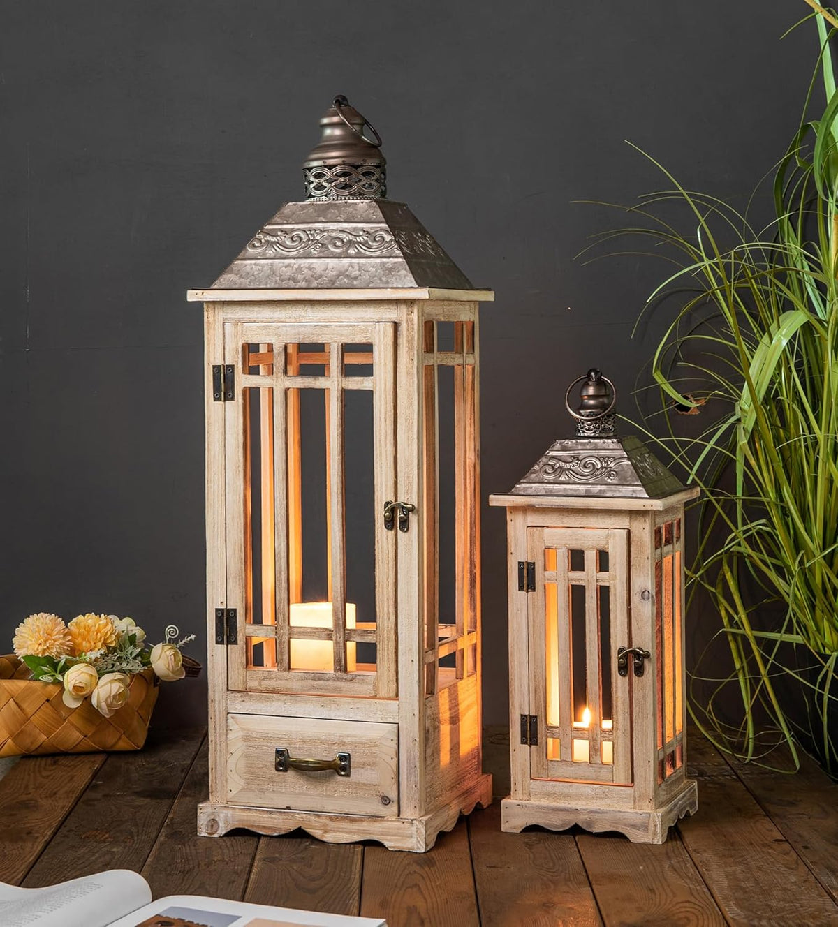 TIMRIS Large Rustic Wooden Metal Decorative Lantern Set of 2, Modern Farmhouse Floor Candle Lanterns with Drawer, Indoor/Outdoor Hanging Lanterns for Home Decor (No Glass)