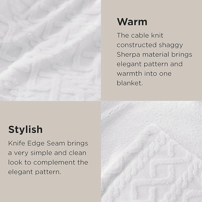 Bedsure Sherpa Fleece Blanket Twin Size for Bed - GentleSoft Fluffy & Cozy Cable Jacquard Tufted for Women Gift, Thick and Warm Blankets for Winter, White, 60x80 Inches