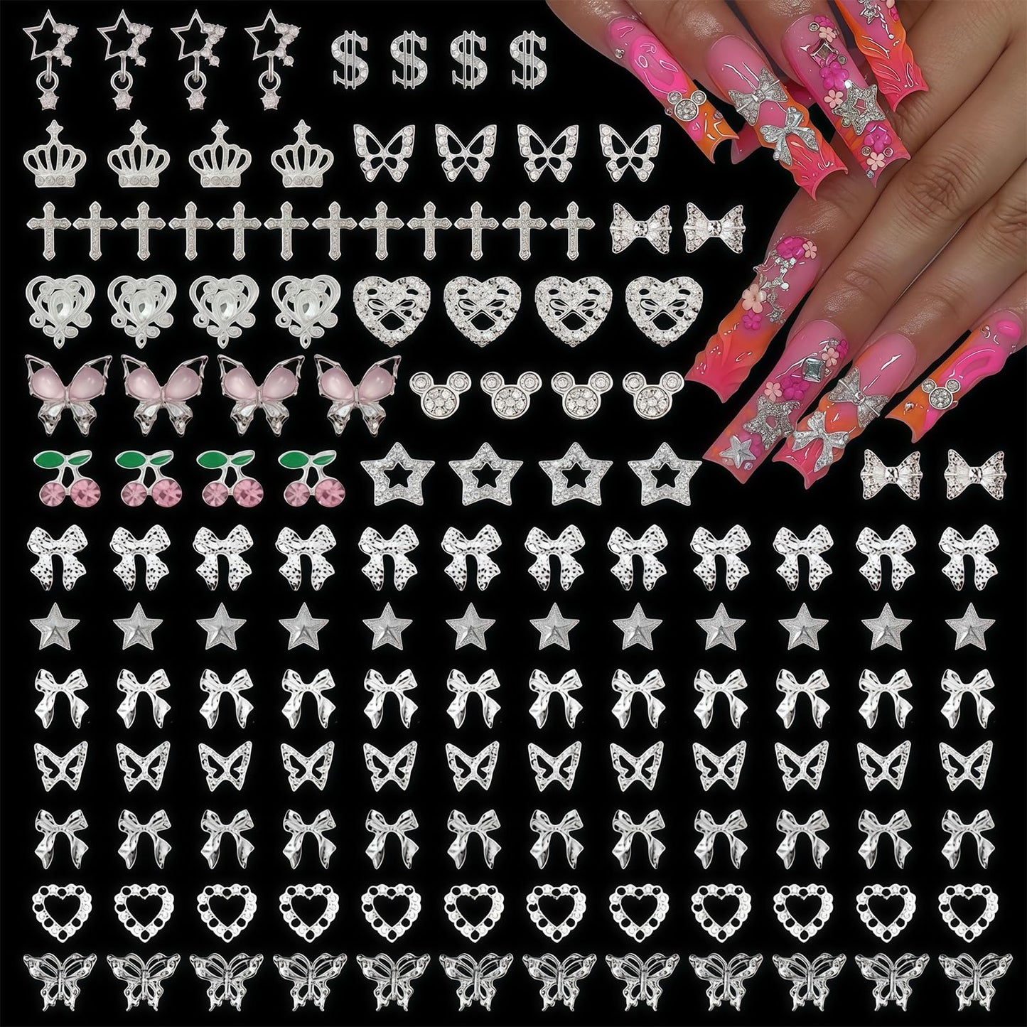 KINGNAME 140 Pcs 3D Nail Charms Silver Butterfly Bow Crown Star Rhinestone Set for Acrylic Nail Art DIY Salon Supplies