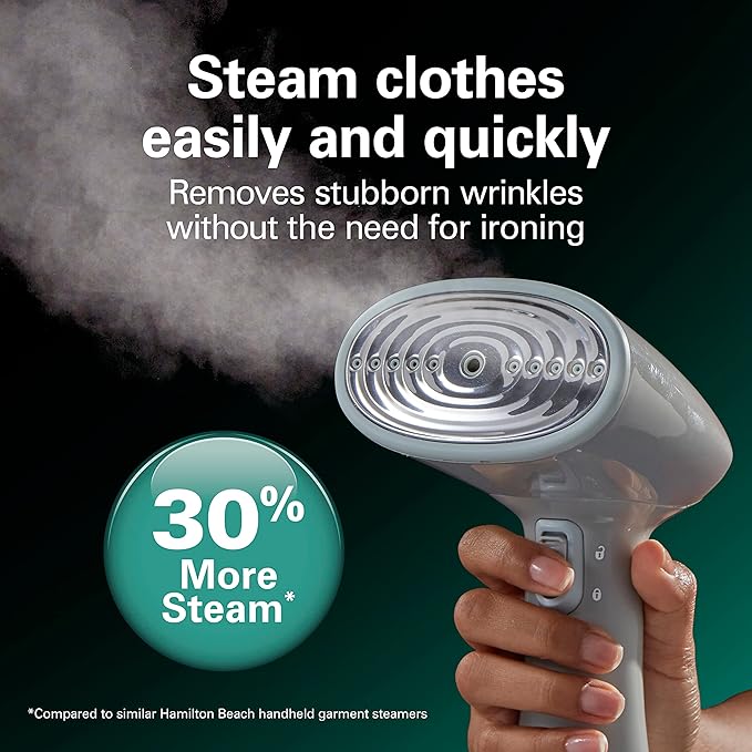 Hamilton Beach Handheld Garment Steamer for Clothes, Fabric and Drapes,1200 Watts, 400ml Water Tank, 20 Minutes of Continuous Steam, Vacation Essentials, Gray & Blue (11557)