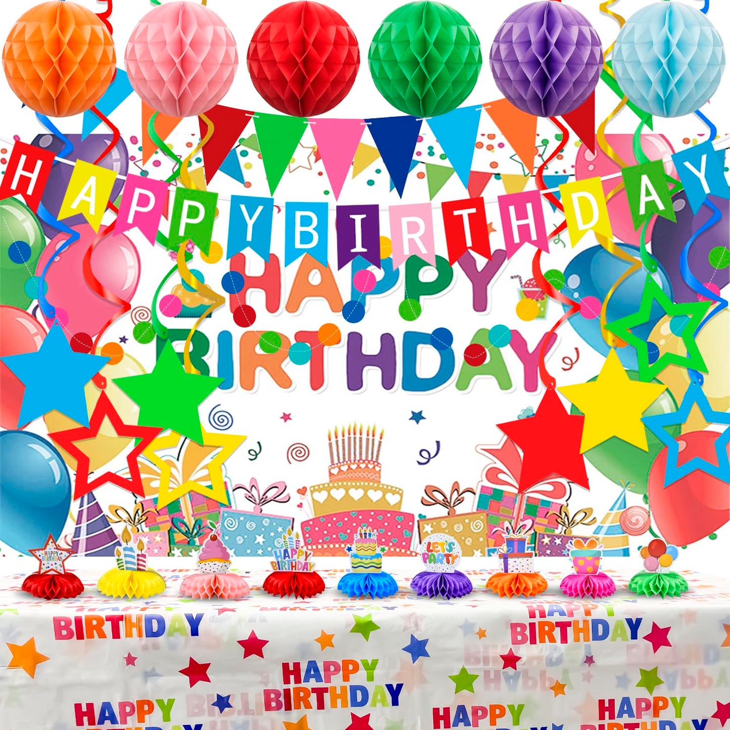 Happy Birthday Party Decorations Kit Includes Honeycomb Balls Star Hanging Swirls Backdrop Cloth Tablecloth Banners & Circle Garland Honeycomb Centerpieces for Party Supplies