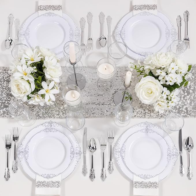 Nervure 100Pcs White and Silver Plastic Plates - 7.5 inch White Plastic Plates with Silver Rim - Disposable Dessert Plate for Wedding & Party
